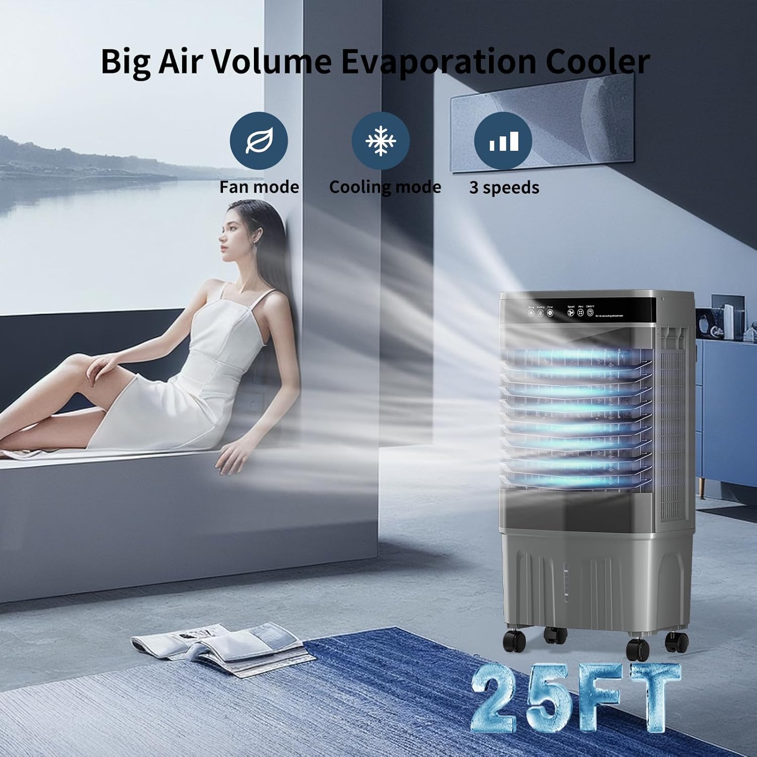 VCJ 5.3 Gal Swamp Cooler Air Conditioner, 3-In-1 12H Timer Evaporative Air Cooler with Remote, 3 Speeds, 4 Ice Packs, Portable Swamp Air Cooler for Room, Garage, Bedroom, Outdoor