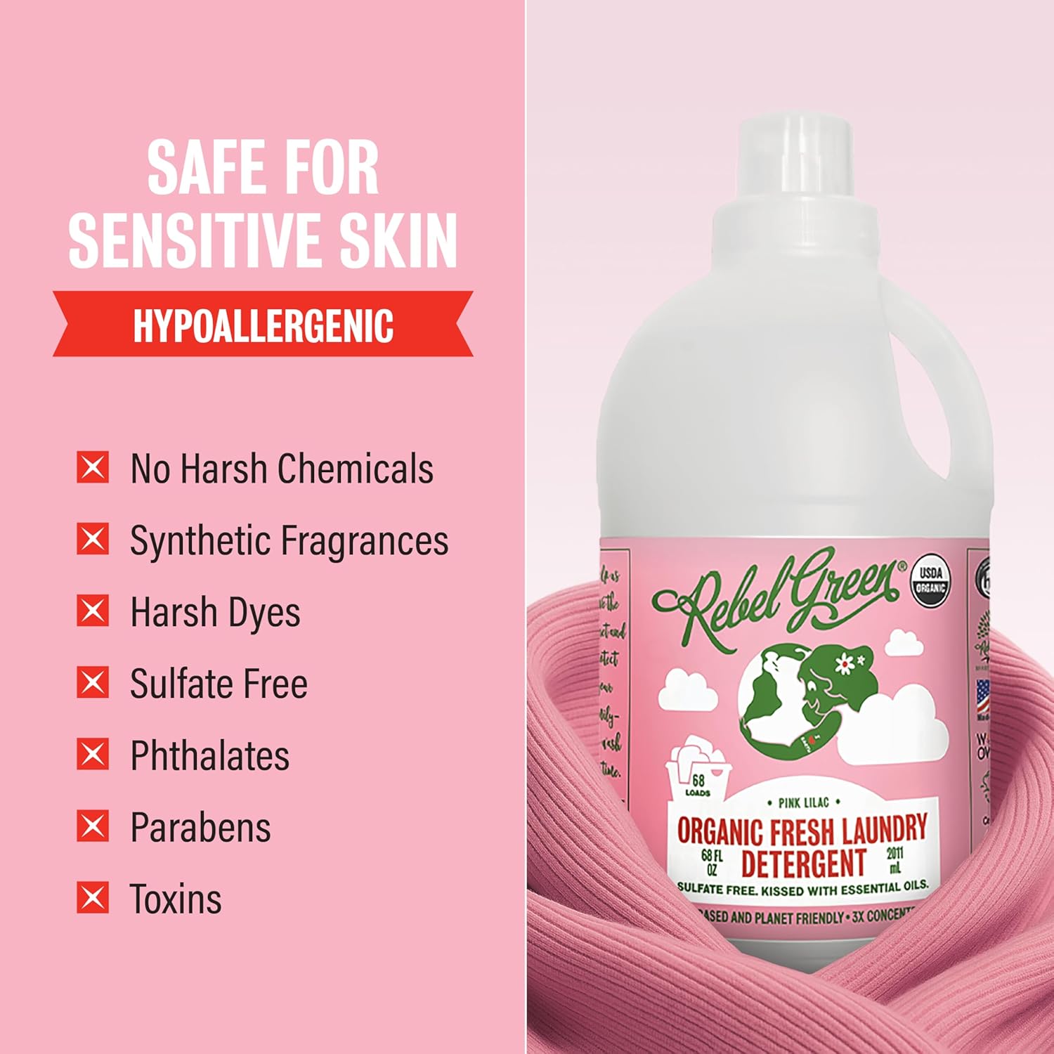 Rebel Green Organic Laundry Detergent - Natural Laundry Soap - Liquid Laundry Detergent with Dispenser Cup - Gentle Laundry Detergent - Fresh Pink Lilac - (68 Load Bottles, 2 Pack)