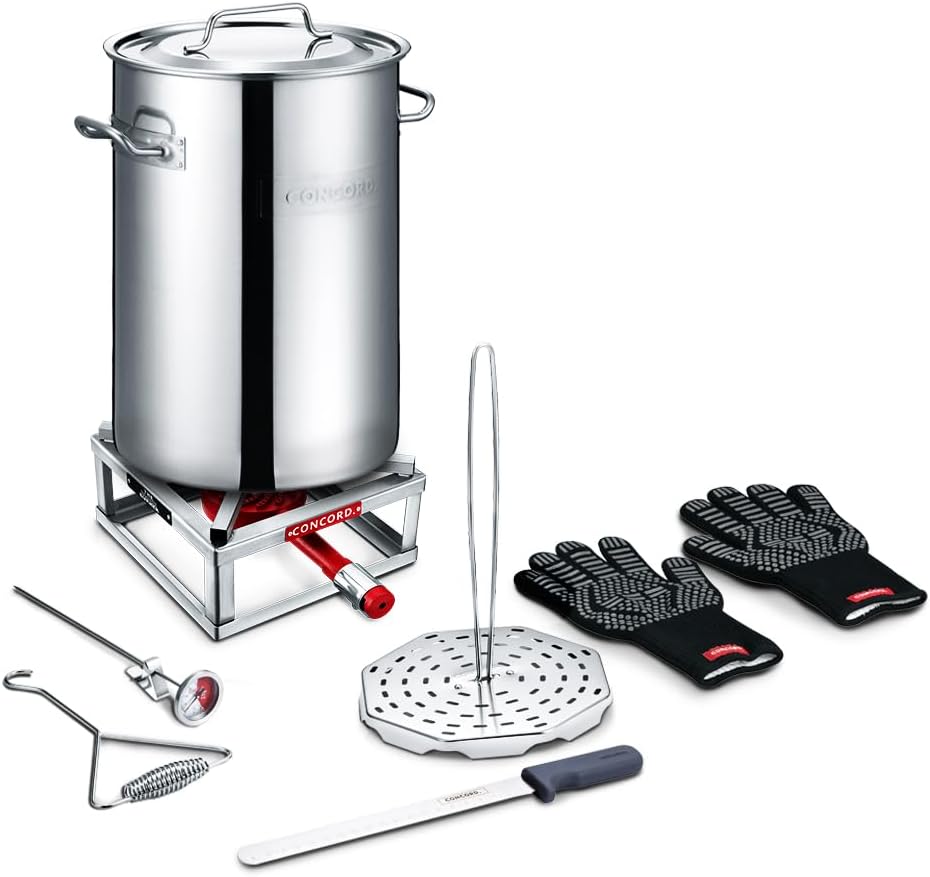 CONCORD Heavy Duty Stainless Steel Turkey Fryer Kit with Rack, Slicer, Hook, Thermometer, and heat proof gloves + CONCORD 12