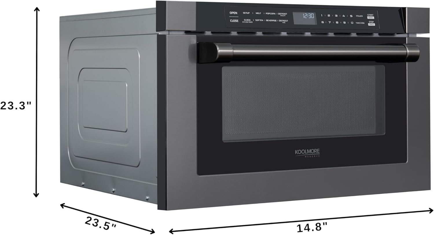 KoolMore Reserve 24 in. 1.2 cu. ft. Microwave Drawer with Electric Door Opening, 10 Power Levels, Sensor Cooking, Melt, Defrost, Bake, Roast, Broil, 1500 Watts, UL Certified in Black Stainless-Steel