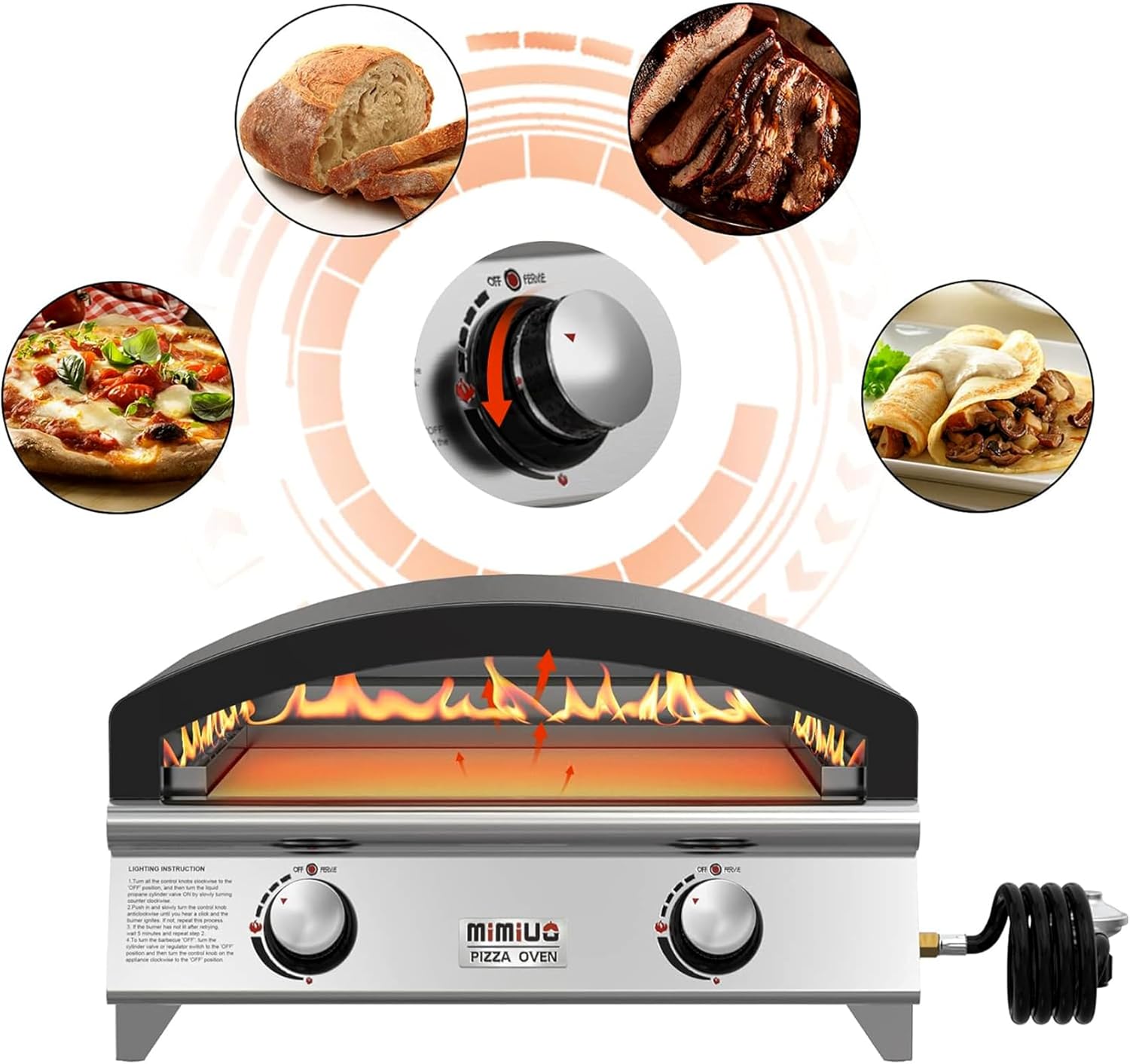 Mimiuo 25 Inch Outdoor Gas Pizza Oven, Portable Propane Pizza Oven with Large Baking Stone - Make 2 Pizzas At Once - Multifunctional Stainless Steel Grilling Stove to Cook Steak Meat Seafood