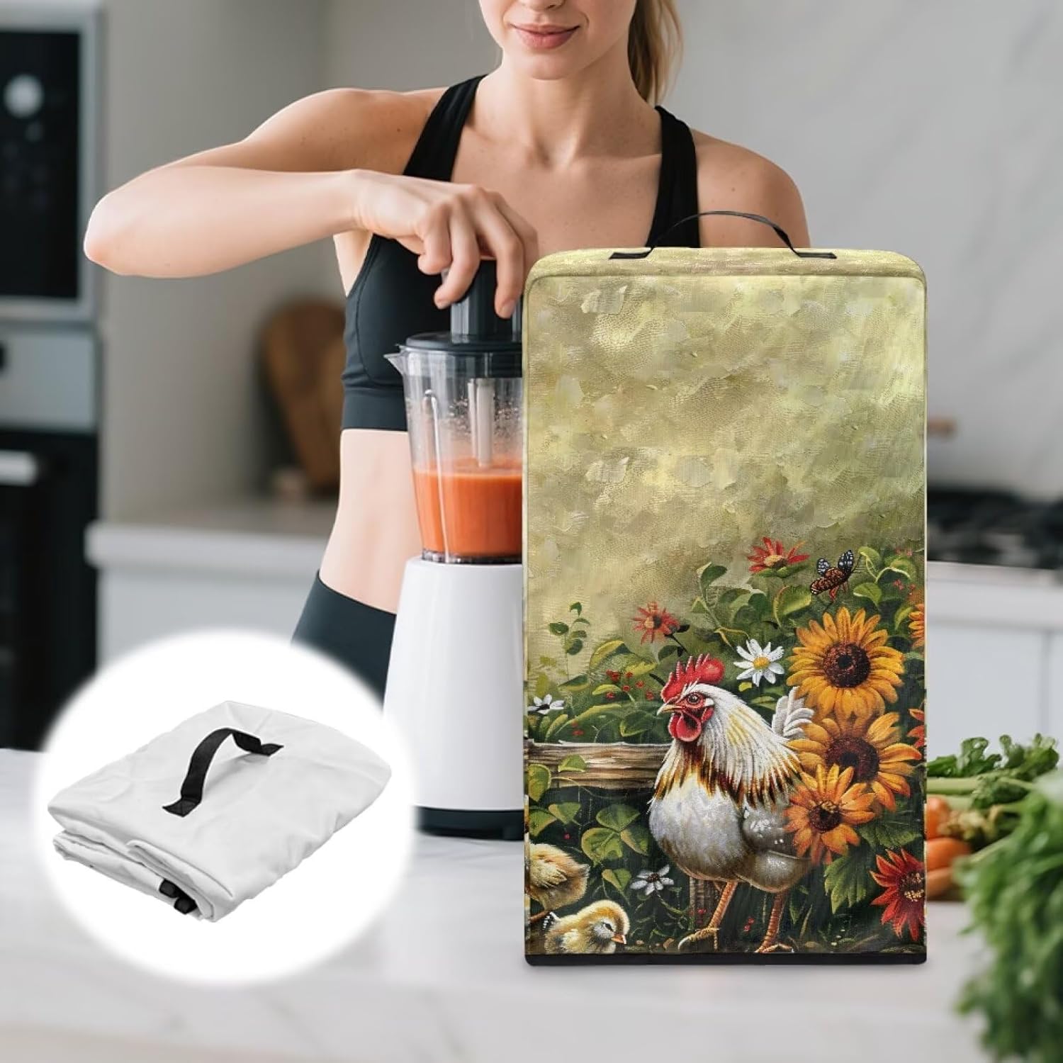 Rooster Sunflower Kitchen Mixer Protector – Blender Dust Cover with Floral Prints, Fits Most Juicers, Foldable & Machine Washable, Decorative & Functional