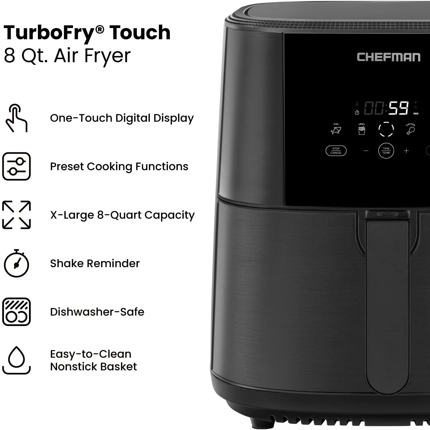 Chefman TurboFry Touch Air Fryer, 8-Quart Family Size, One-Touch Digital Controls for Healthy Cooking, Presets for French Fries, Chicken, Meat, Fish, Nonstick Dishwasher-Safe Parts, Black