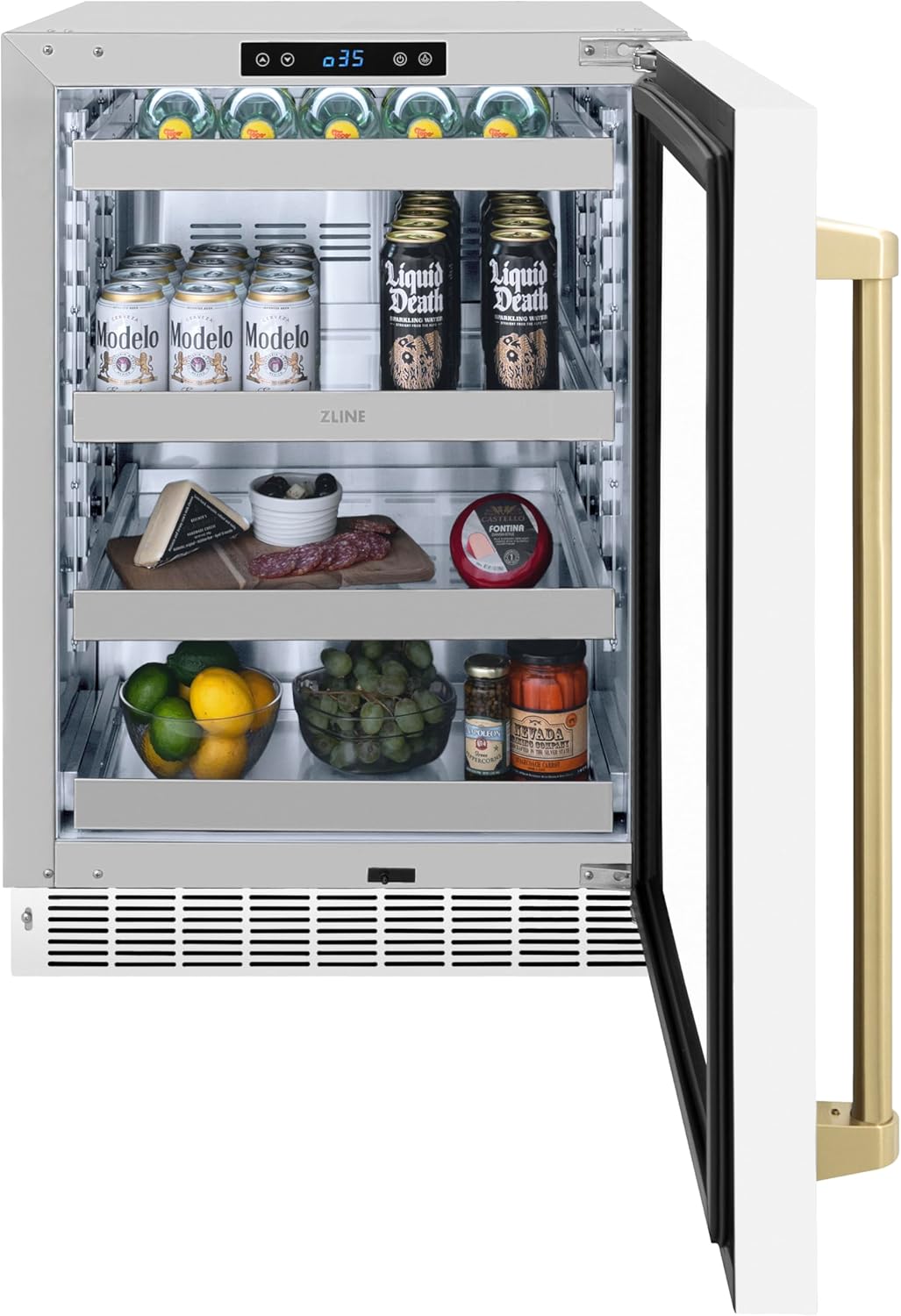 ZLINE Autograph Edition 24 in. Touchstone 151 Can Beverage Fridge With White Matte Glass Door And Champagne Bronze Handle (RBSOZ-WM-24-CB)
