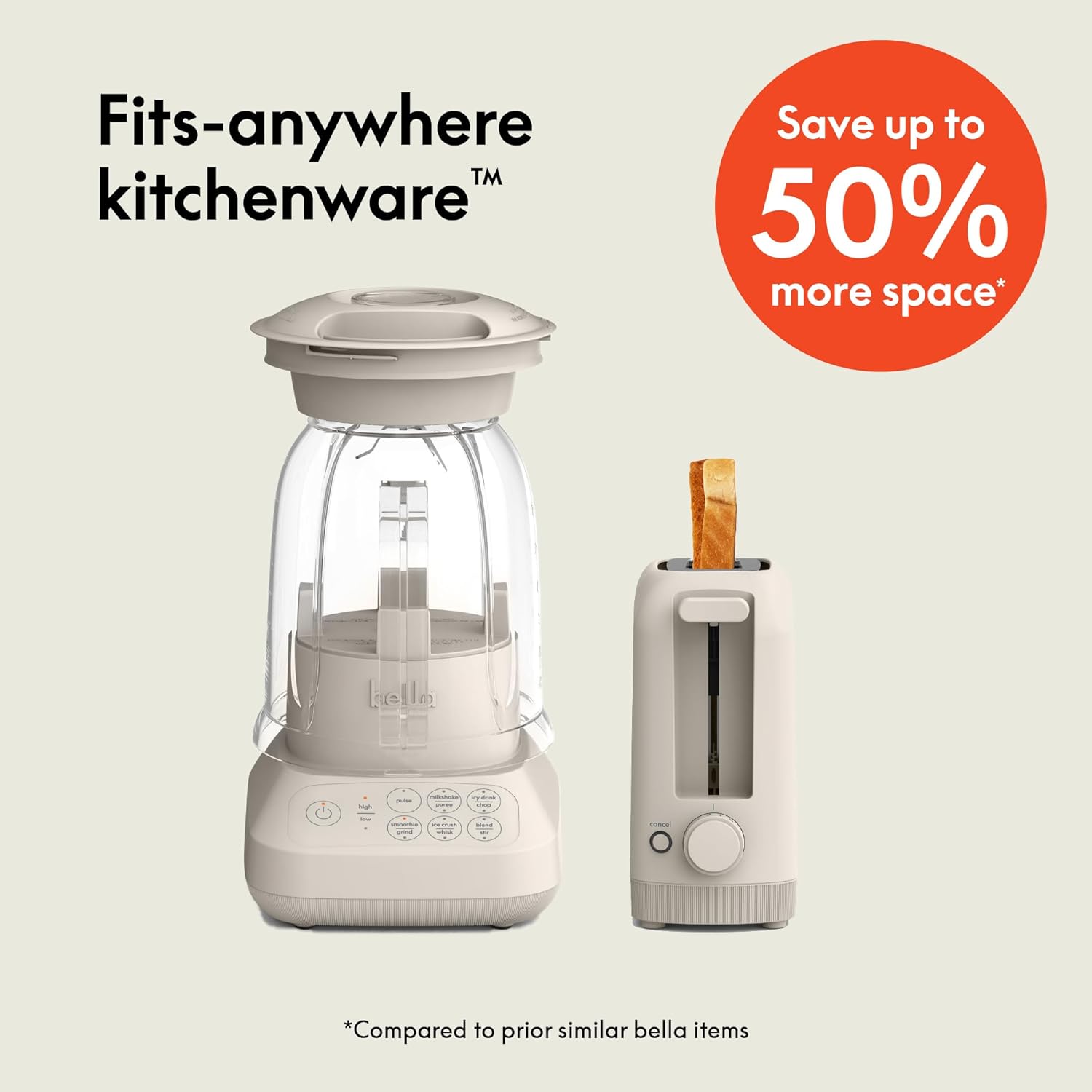 BELLA 10 speed Flip & Store Countertop Blender + 2 Slice Slim toaster, Fits-anywhere™ Kitchenware, Smart Toaster w 6 Shades Control & Smoothie Blender w 48oz Capacity Pitcher, Oatmilk