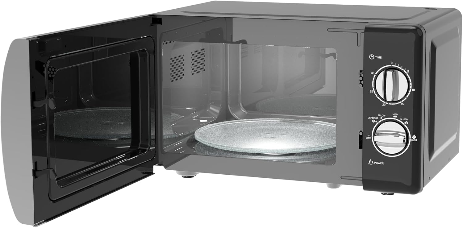 IMPECCA Countertop Microwave Oven Retro Mechanical Dials 5 Modes Timer Defrost 0.7 Cu 700W 9.65” Turntable Easy Clean