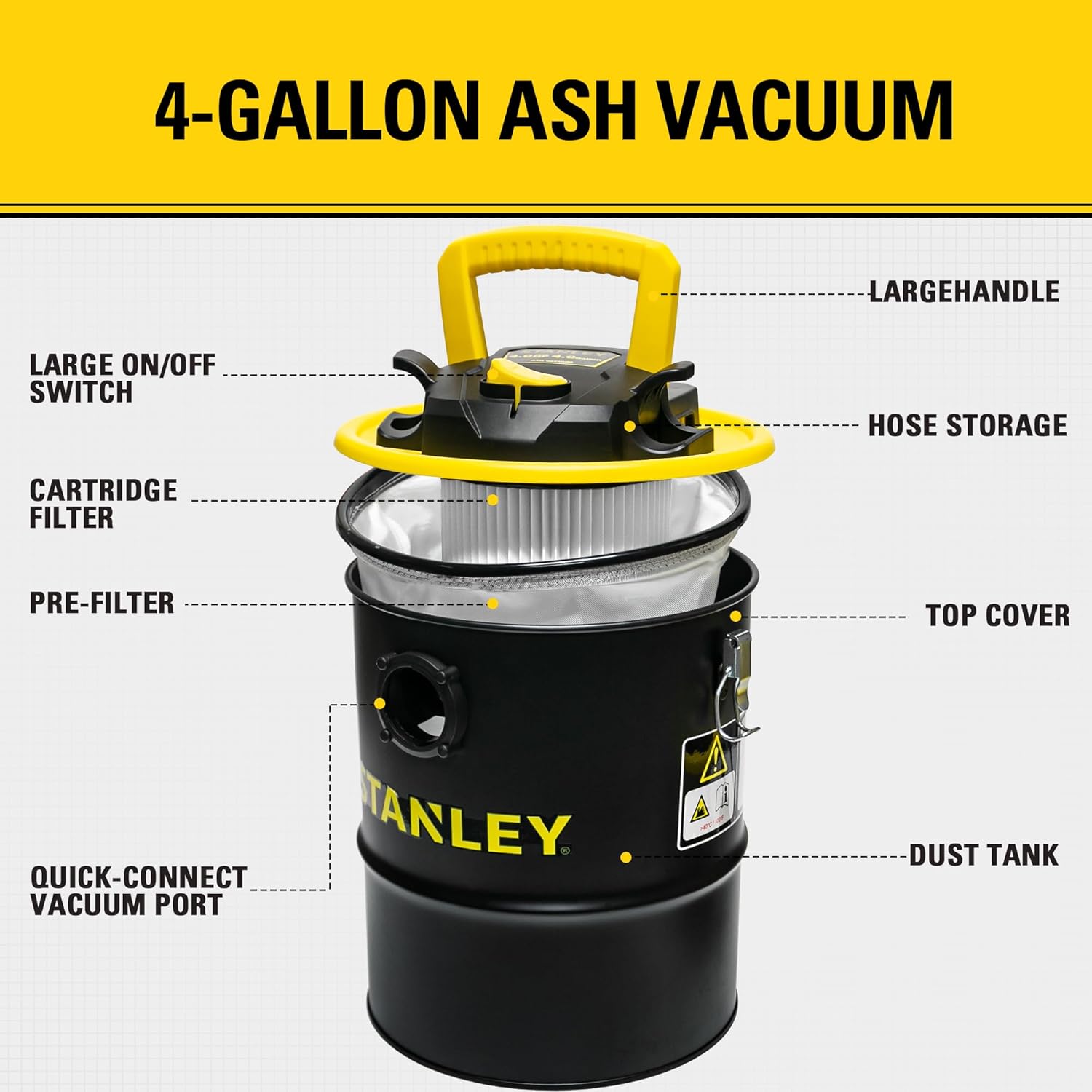 STANLEY Ash Vacuum Cleaner 4 Gallon with 4 HP Powerful Motor Suction, Stainless Steel Shop Vacuum Portable Ash Canister for Pellet Grill, Wood Stoves, BBQ Grills, Fireplaces & Fire Pits
