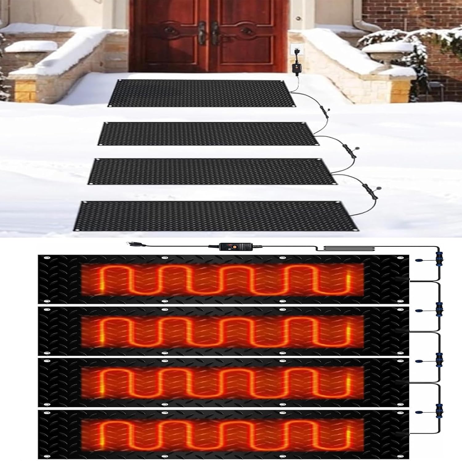Heated Snow Melting Mats for Stairs, 1/2/3/4/5 pcs Snow Melting Stair Mats, Winter Snow and Ice Melting Mat 2 in/h Speed Melting for Winter Outdoor Stairs Doorways Walkways(4 Pcs,30x120cm/12x48in)