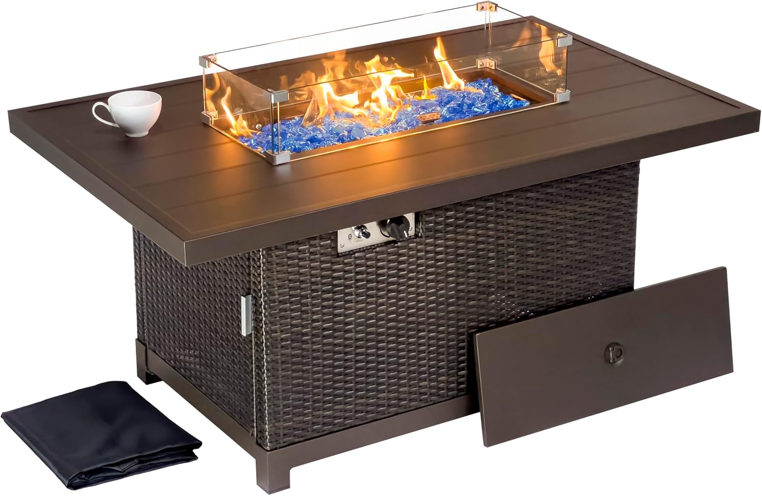 52 Inch Outdoor Fire Pit Table, 50000 BTU Propane Fire Pits with Wind Guard and Fire Glass, CSA Certified Patio Fire Table, Rectangular Aluminum Rattan Fire Table for Outside Patio, Backyard, Brown