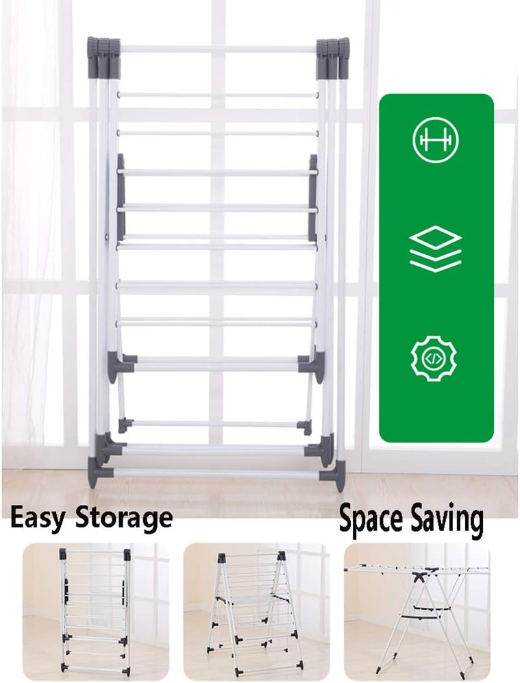Laundry Rack, Folding Clothes Airer, with Wheels Balcony Expandable Adjustable Wings Towel Rack Bold Thickening Stainless Steel Dryer