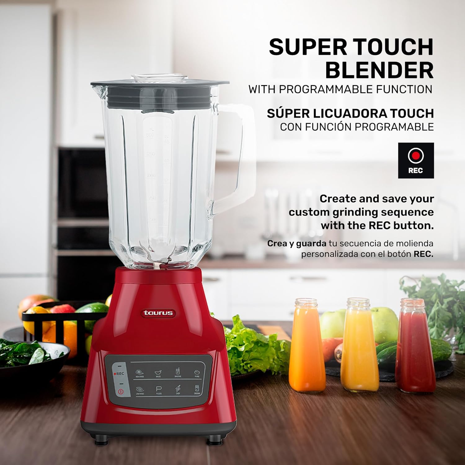 TAURUS GRANDEUR TOUCH REC | Super touch blender with programmable function | 800W | Glass jug 1.5 L | Turbo and pulse function | 5 pre-programmed functions | Stainless steel blades