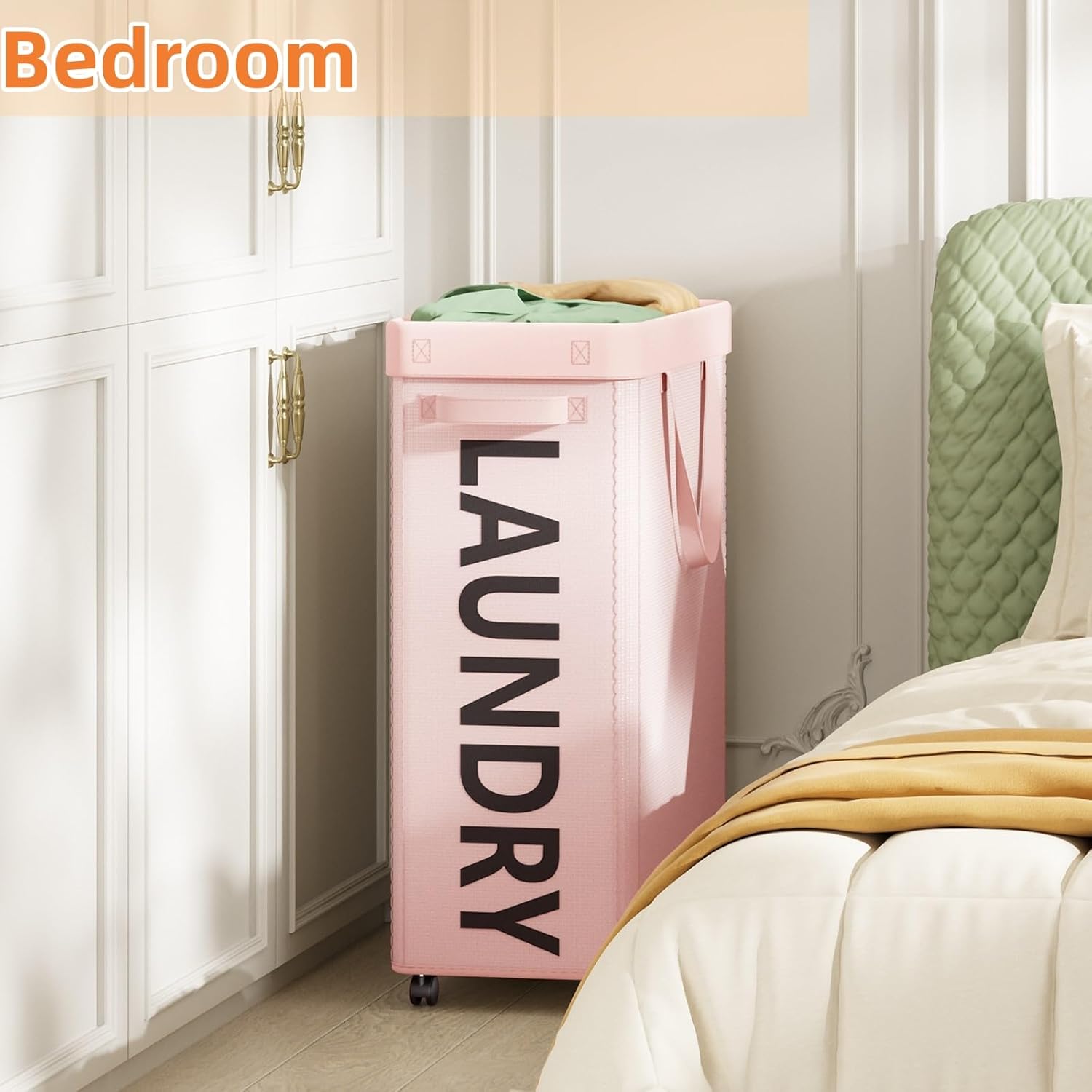 Pink Laundry Basket with Wheels, 90L Rolling Laundry Hamper with Wheels, Nursery Hamper on Wheel with Removable Mesh Bag for Clothes, Bedroom, Bathroom, Dorm