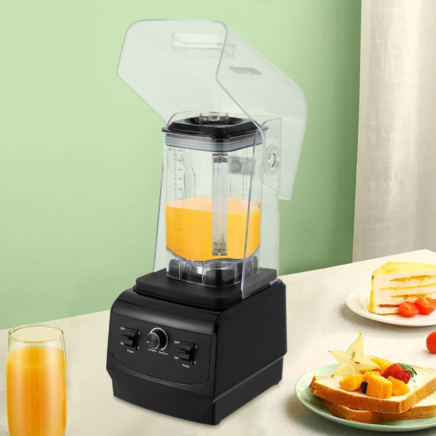 110V Commercial & Domestic Smoothie Blender, Professional Smoothie Machine with Soundproof Cover, Countertop Milkshake Maker for Puree, Ice Crush, and Shakes, 2.2L/74.4oz, Black