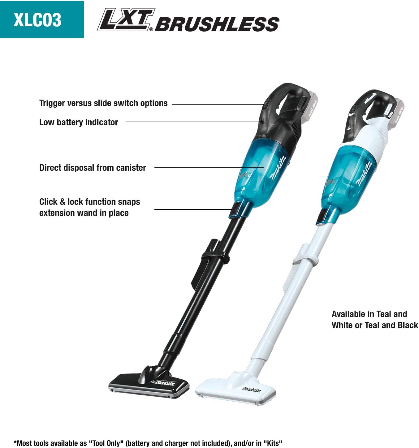 Makita XLC03R1WX4 18V LXT Lithium-ion Compact Brushless Cordless Vacuum Kit, Trigger w/Lock (2.0Ah) with Additional BL1820B 18V LXT Lithium-Ion Compact 2.0Ah Battery