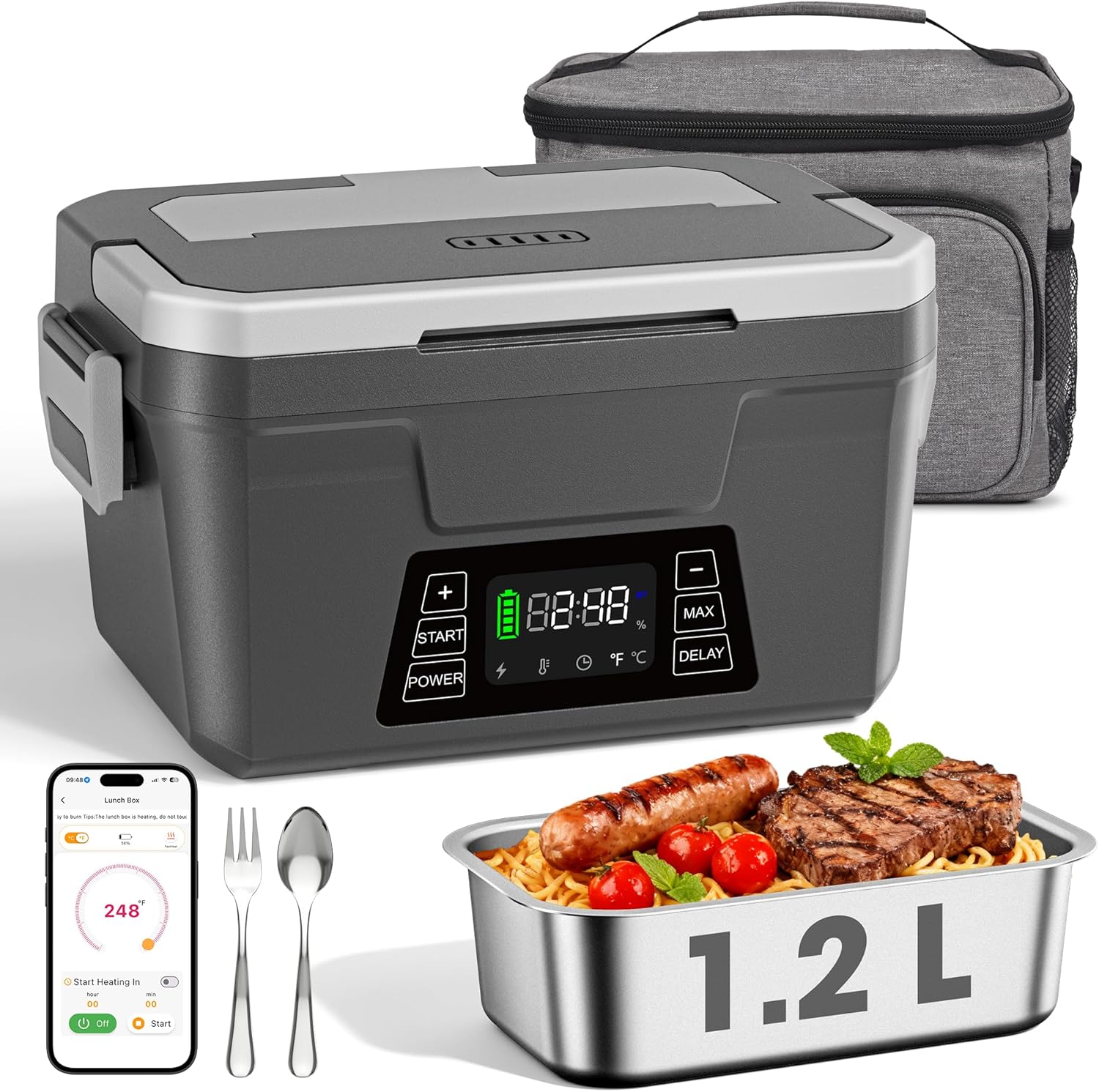Cordless Electric Lunch Box for Adults with APP Control, 1.2L Portable Heated Lunch Box Battery Powered with Automatic Heating, Self-Heating Food Warmer for Work, 248°F Max, Leak Resistant