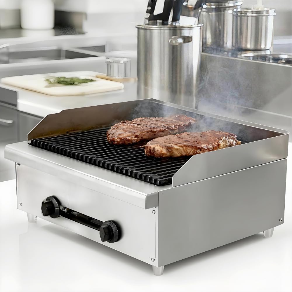 24 Inch Commercial Gas Lava Rock Charbroiler, Stainless Steel Countertop Grill with 2 Burners 56000 BTU, Cast Iron Grates, Restaurant BBQ Broiler, Natural Gas/Propane