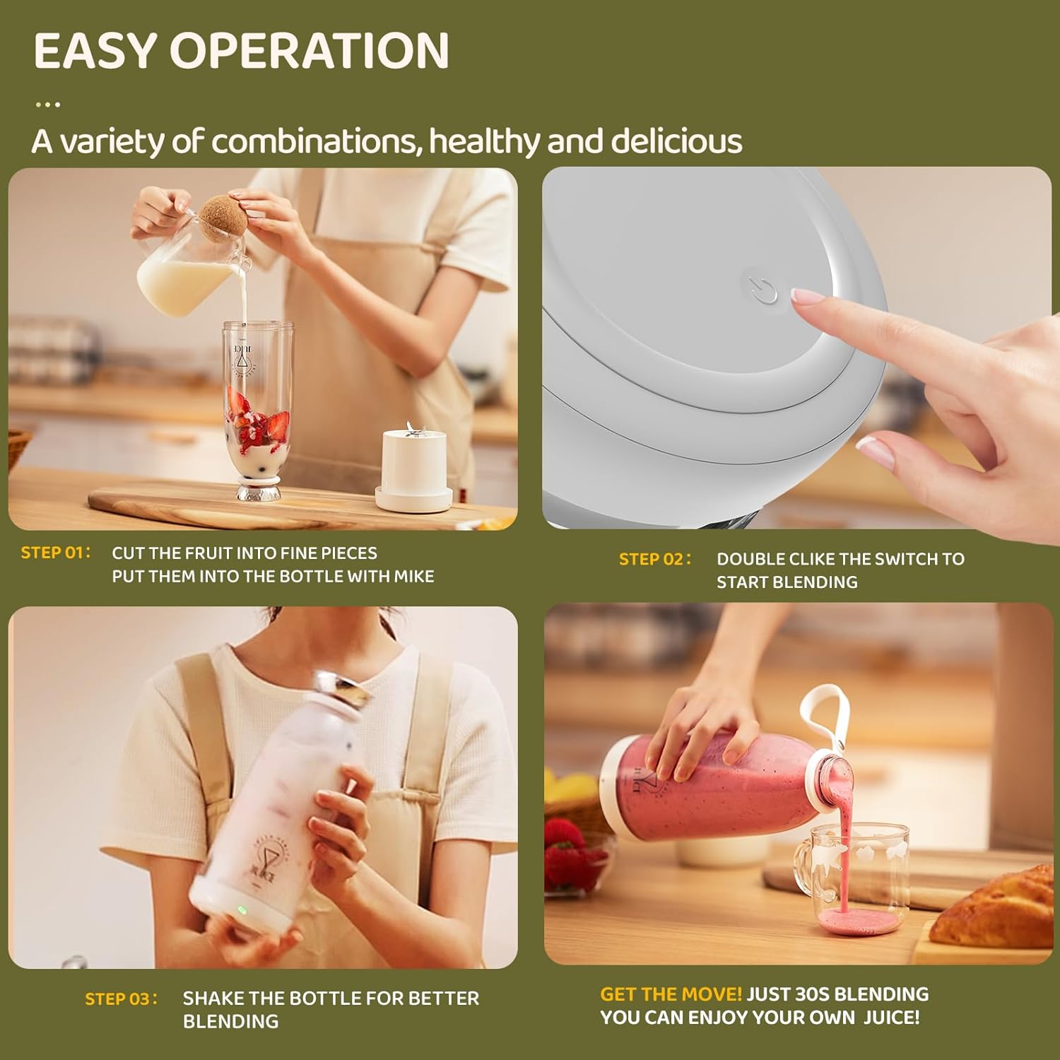 Asa Vea Mini Blender for Smoothies and Milkshakes, Portable Blender, Rechargeable, Personal Size Blender with Quota Outer Travel Lid with 6 Blades, 17 oz for Outdoors, Camping (White-550ml)