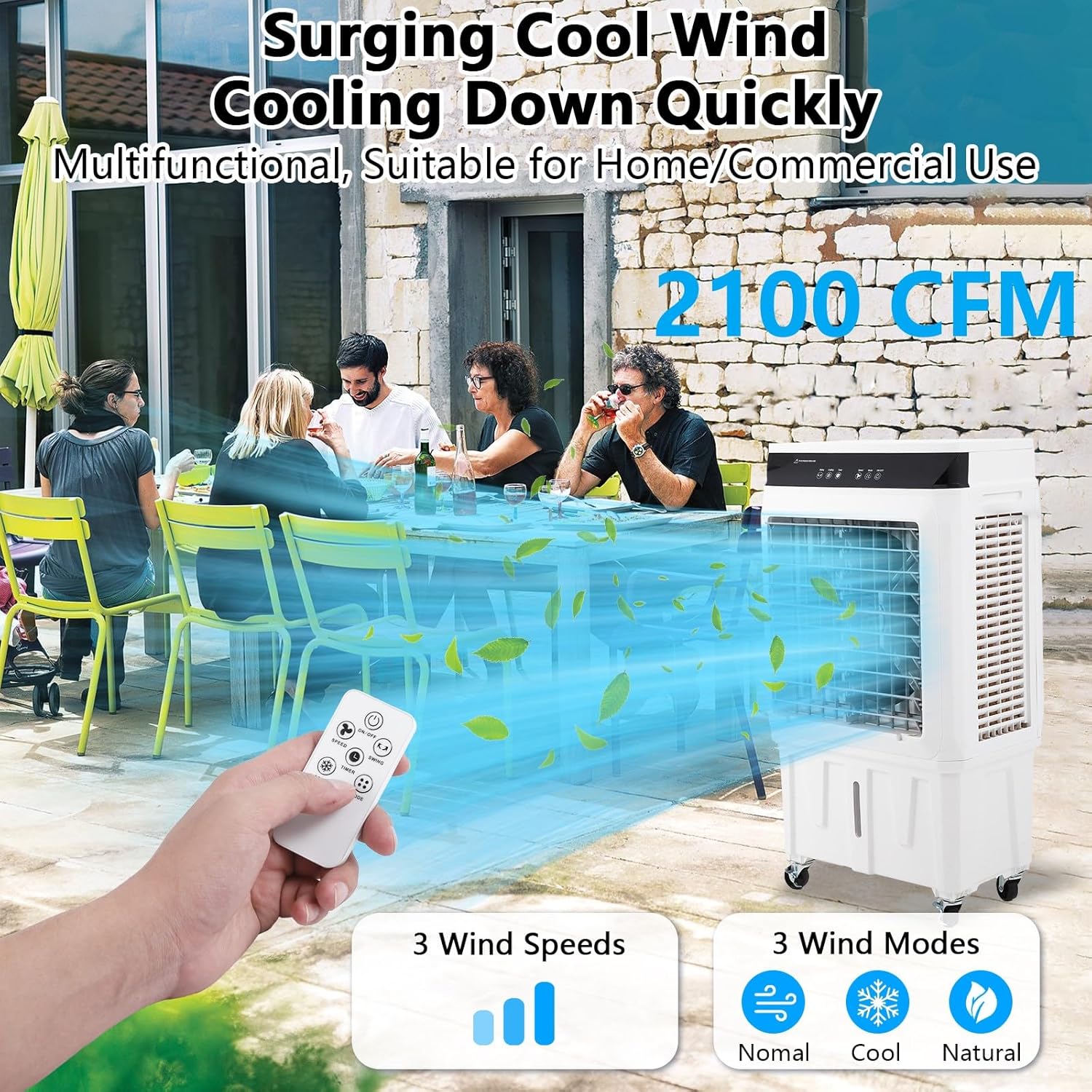 2100 CFM Evaporative Air Cooler, 8.4 Gallon Swamp Cooler with Remote Control, 3 Speeds, 12h Timer, 3-in-1 Swamp Cooler Air Conditioner, Portable Air Cooler Fan for Indoor Garage Outdoor Patio