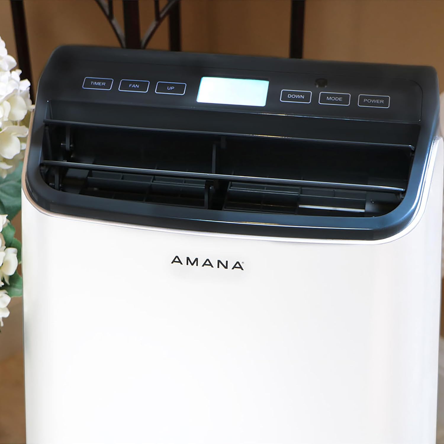 Amana 10,000 BTU Portable Air Conditioner for Living Room, Bedroom, Basement, Kitchen, 115V, Cools up to 350 Sq.Ft. with Remote, 24H Timer, 3-Speed, LCD Display, Auto-Restart, Wheels, White/Black