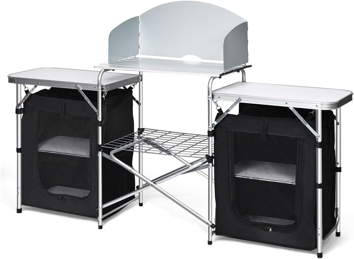 PETSITE Portable Camping Kitchen Table with Storage Organizer, Aluminum Windscreen Folding Cooking Table Camp Kitchen Equipment for BBQ, Party and Picnic, Black