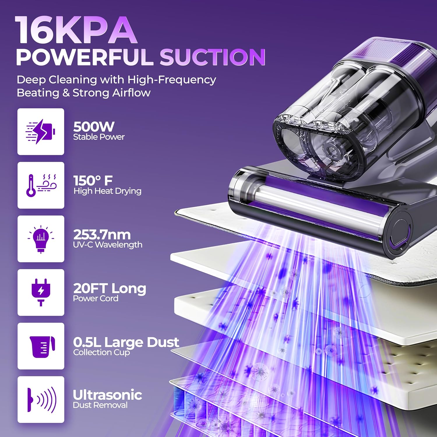 AIM Mattress Vacuum Cleaner with UV-C Light, 16KPa Bed Vacuum with Ultrasonic & 149°F Hot Air Drying, Anti-Tangle Roller Brush, Washable HEPA Filter, 20FT Cord, Handheld