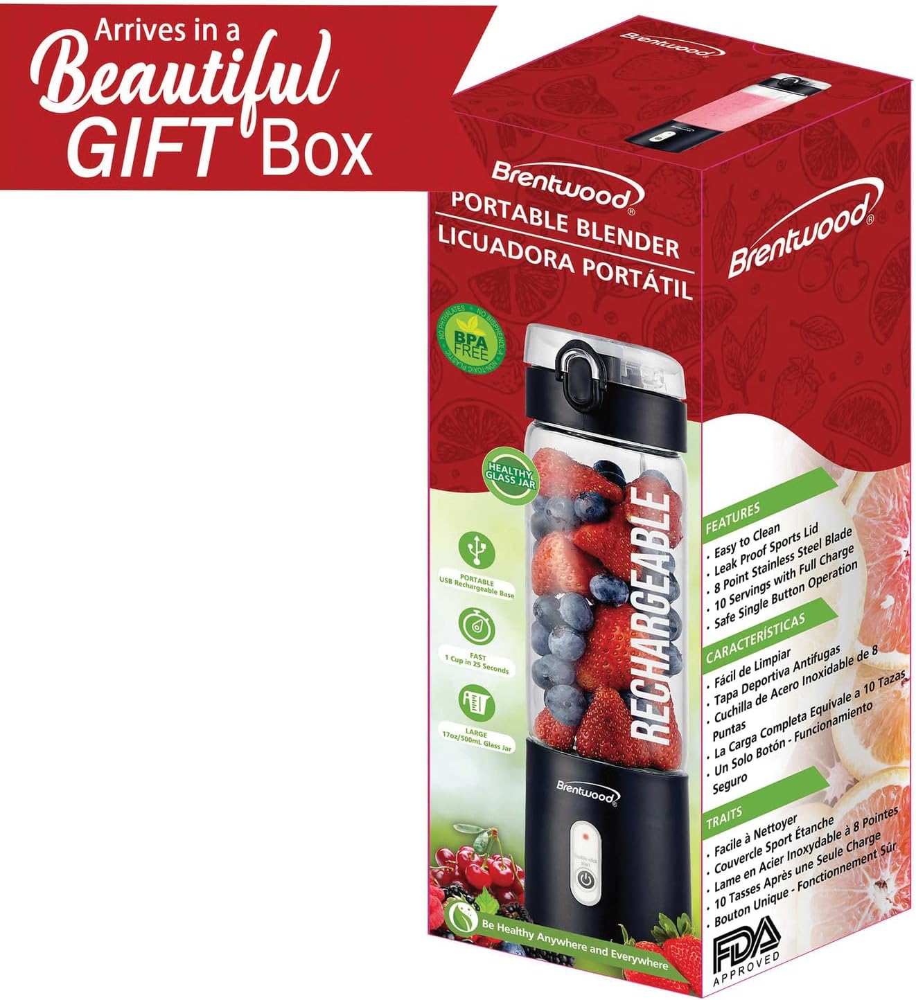 Brentwood 50-Watt 17-Oz. Portable Battery-Operated USB-Chargeable Glass Blender (Black)