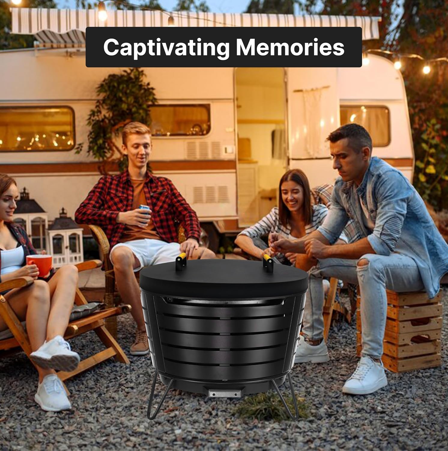 25.5” Round Fire Pit Lid – Heat Resistant fire pit cover round metal for Outdoor Fireplace 16 Gauge Steel Flat Fire Pit Burner Pan Cover with 2 Wooden Handles Snuffer Lid for Round Patio Fire Pit Ring