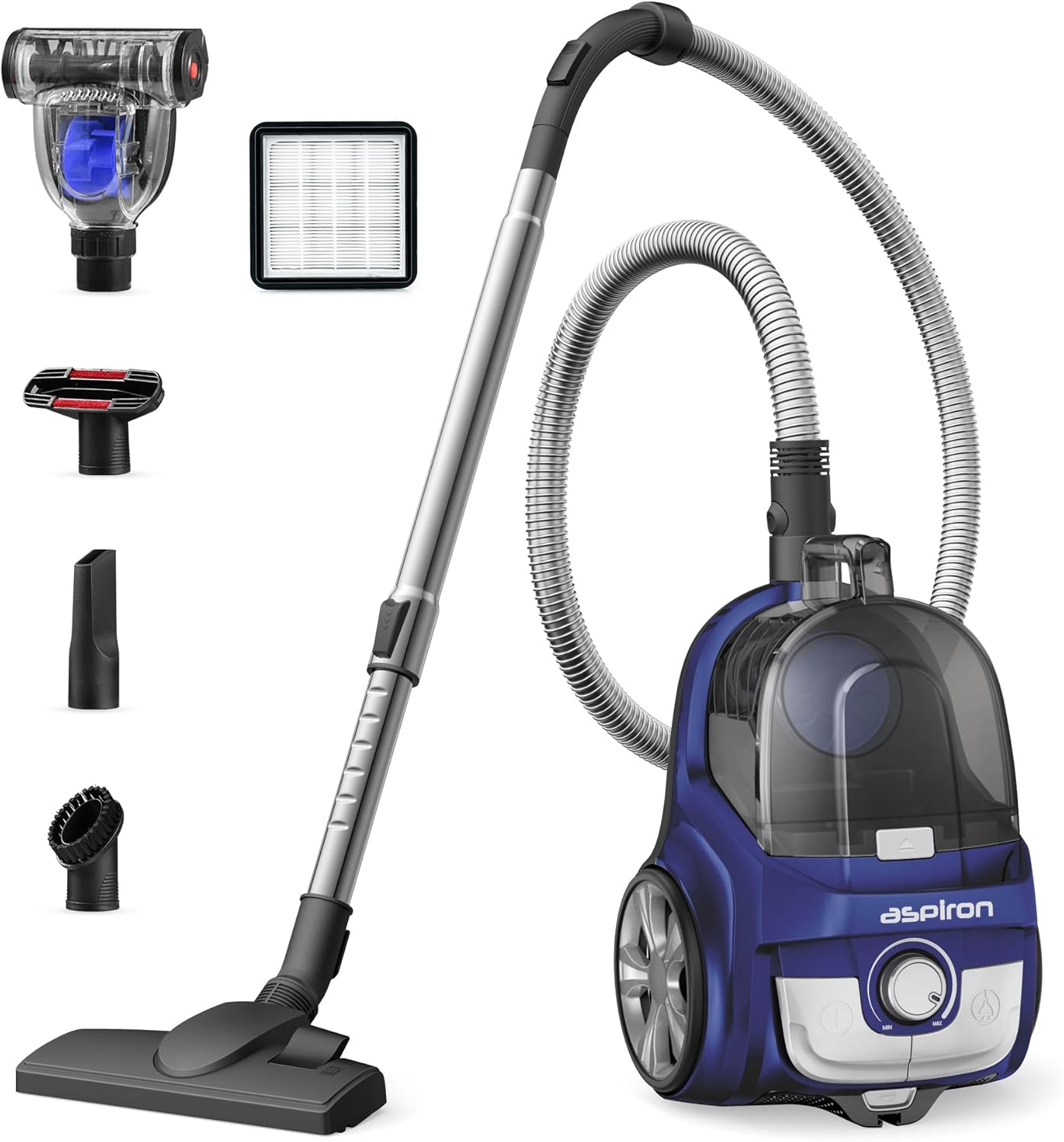 Aspiron Canister Vacuum, Upgraded 1600W Bagless Canister Vacuum Cleaner, Auto Cord Rewind, H13 HEPA Filter, 3.7Qt Large Capacity, 5 Tools for Hard Floors, Carpet, Pet, Upholstery, Tiles, Car, Navy