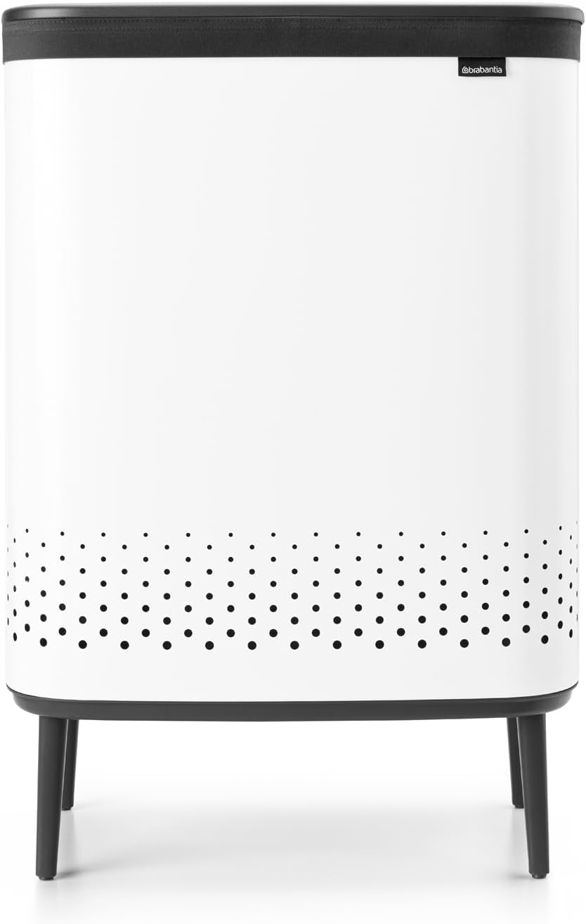 Brabantia Bo Laundry Hamper Hi (White) 2 Compartment Removable Laundry Bag 2 x 12 Gal, Ventilated Stylish Dirty Clothes Holder, Flat Back, Off-the Ground, Anti-Rust Materials for Bathroom Use