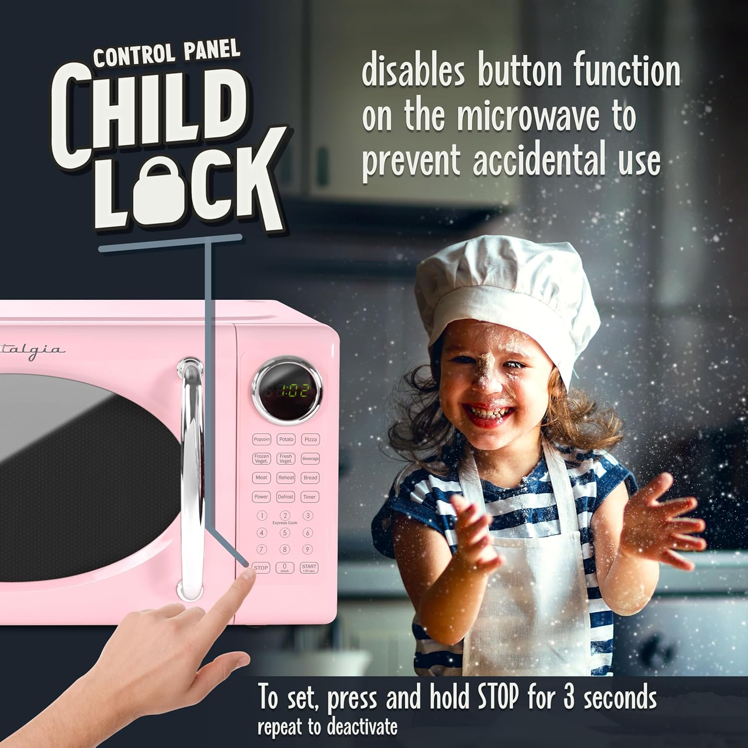 Nostalgia Retro Microwave Oven - 0.7 Cu Ft, 700-Watt Countertop Size with Glass Turntable, Child Safety Lock, 8 Auto-Cook Programs, Digital Clock - Pink