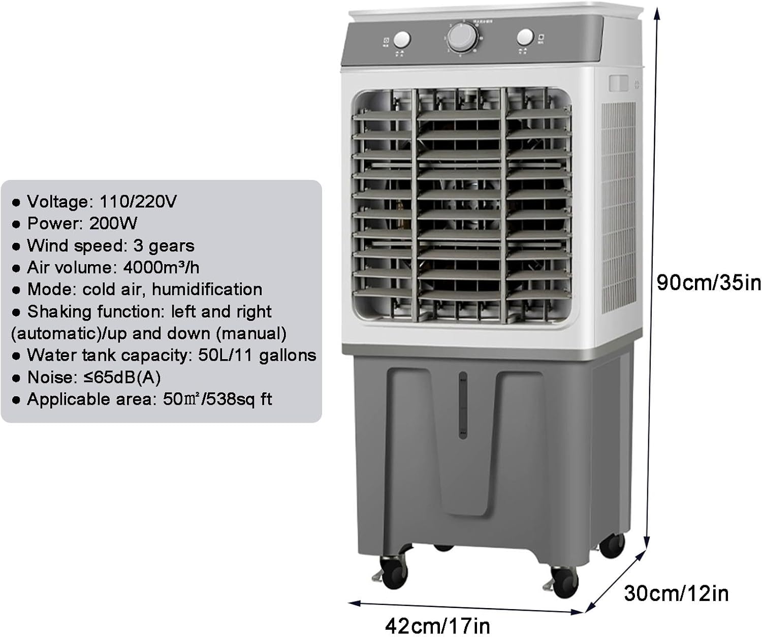 Evaporative Air Cooler, 3-in-1 Swamp Cooler, Portable Air Conditioners with Knob, 3-Speed, 11 Gal Water Tank for Home/Office/Garage/Patio