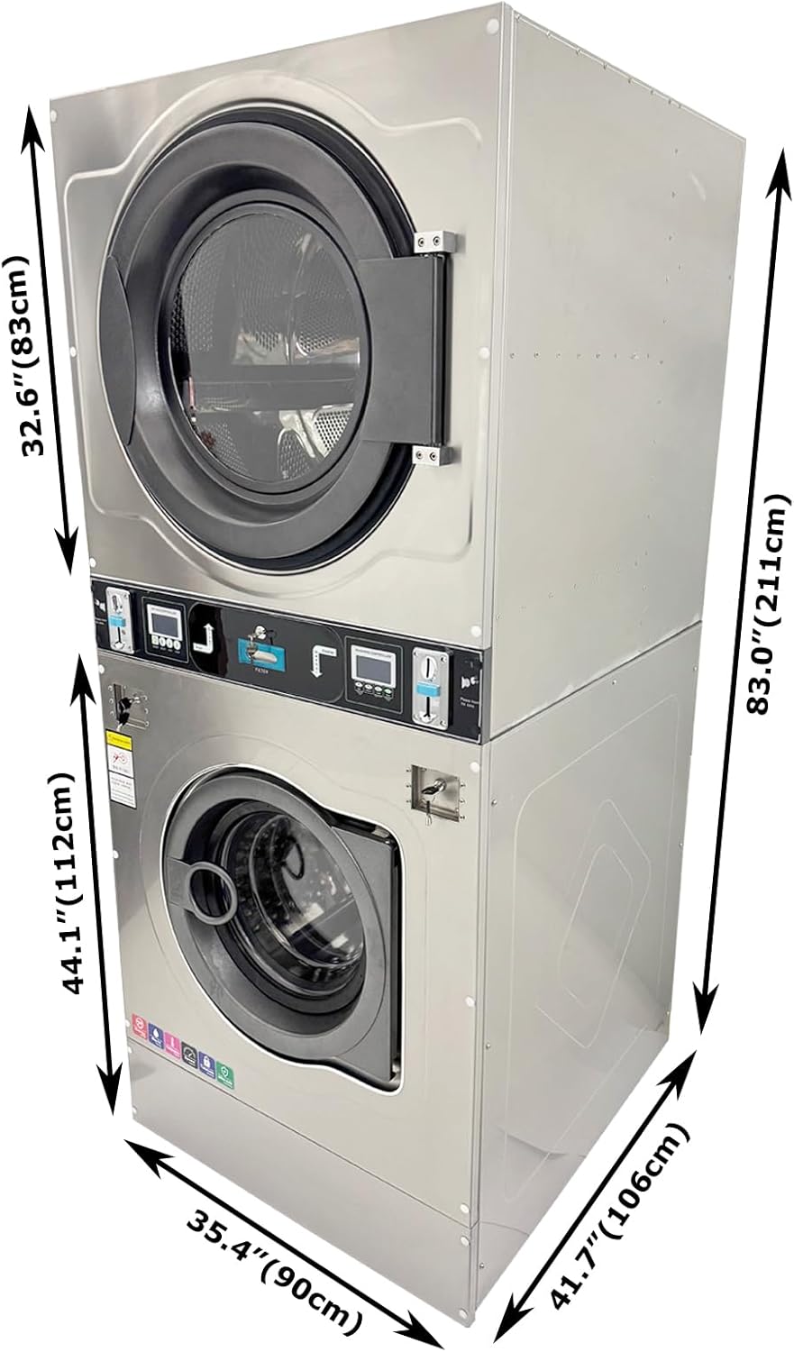 AC220V Commercial Coin Operated Washer Dryer Combo 26.4lbs Stackable Large Washer-Dryer-In-One for Laundromats, Apartment Laundry Rooms, and Hotels