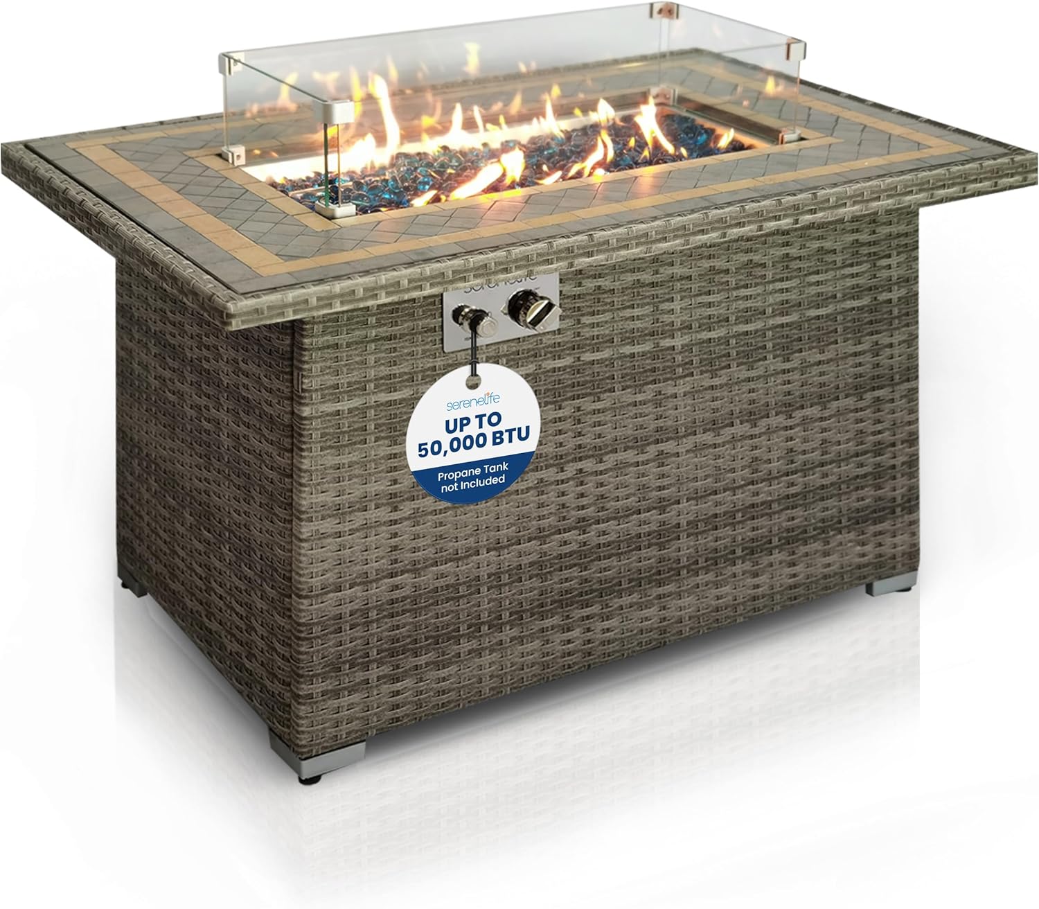 SereneLife Sturdy Wicker Base Propane Fire Pit Table with Tile Top, Patio Heater & Propane Heater, Sliding Door, Stainless Steel Burner, Tempered Glass Wind Guard, 50000 BTU, Weather Resistant