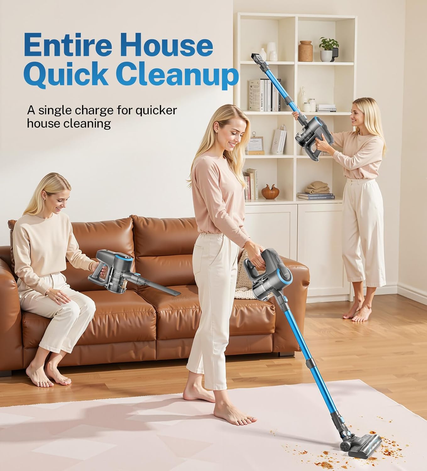 DEVOAC N300 Cordless Vacuum Cleaner, 6 in 1 Lightweight Stick Vacuum, 2200mAh Battery Up to 40mins Runtime, Powerful Handheld Vacuum for Hard Floor Rug Pet Hair Home Dorm (Blue)