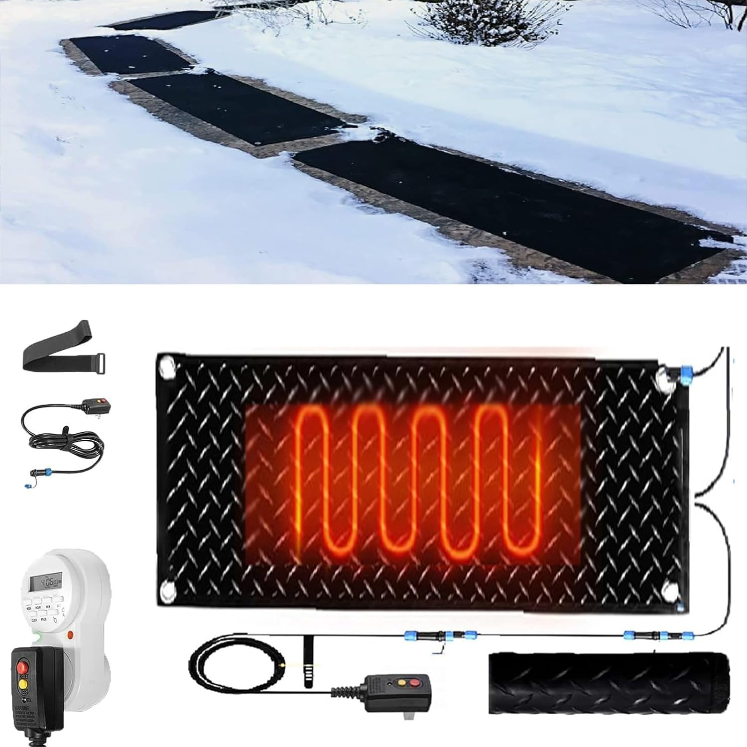 Heated Snow Melting Mats with Timer, 1/2/3/4/5 Pcs Non Slip Rubber Heated Mat with Power Cord for Entrances Heat Track Snow Melting Mats Outdoor Stairs Non-Slip Winter Removal and Ice Melt(1 P