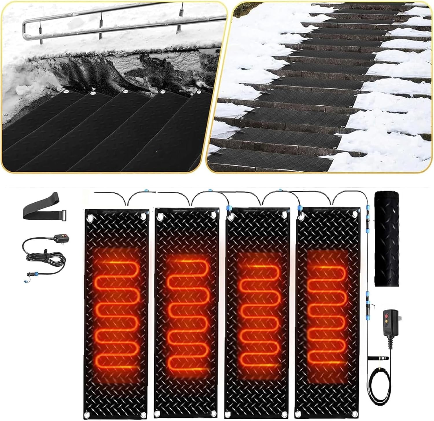 Snow Melting mats Outdoor Driveway, No-Slip Heating Entrance Mats, Winter Snow Removal Heated mats, for Stairs, Steps, Doorways,4 Pcs-25.4x90cm/10inx35.4in