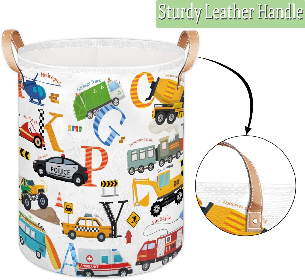 Alphabet Car Kids Laundry Basket, Cartoon Vehicles Nursery Laundry Hamper Foldable Storage Bin Toy Basket Dirty Clothes Storage Basket with Handles Organizer for Bedroom Bathroom