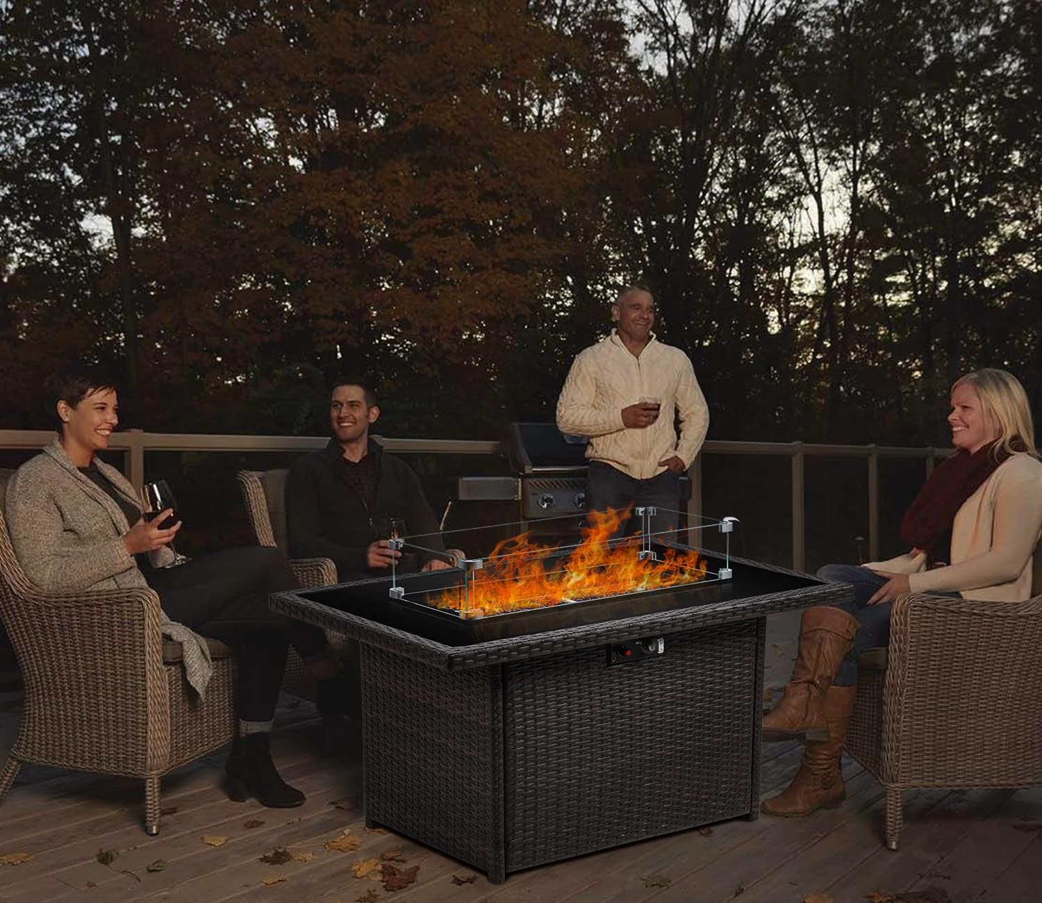 Propane Fire Pit Table,44 Inch 55000 BTU Outdoor Gas Fire Pit Rectangular with Glass Wind Guard for Outside Patio Deck (Brown-Glass Top)