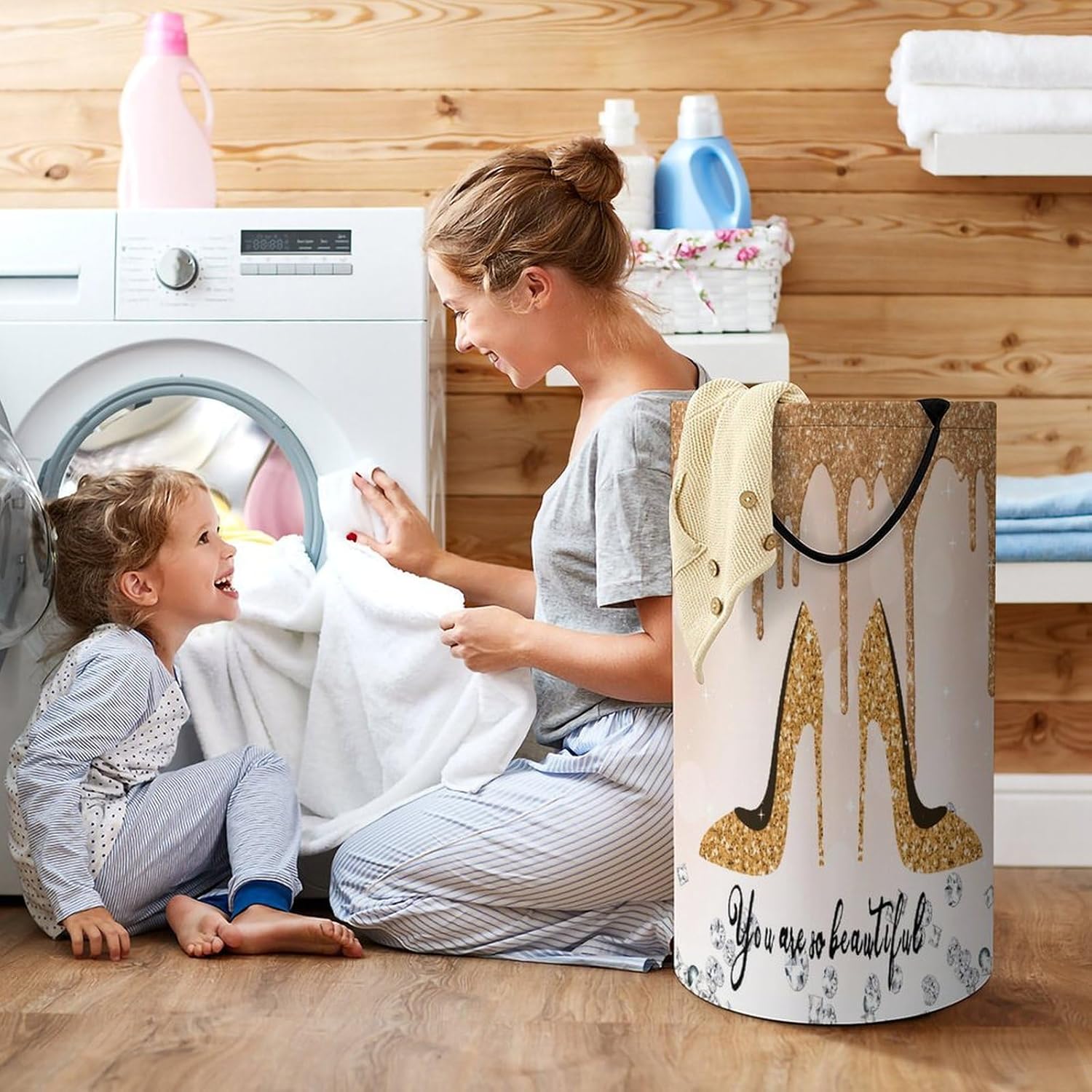 Yellow And High Heel Laundry Basket Large Volume,High Heels Shoe Feminine Glitter Pattern Dirty Clothes Basket Hampers Storage for Dorm And Family 15.7W