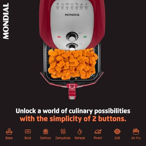 MONDIAL Air Fryer - 8.6 Quart Extra-Large Air Fryer, 2 Simple Dial Controls, 1800 Watts - Quick Heat Circulation Technology, Low Fat Cooking Less Calories - Removable Squared Basket - Red