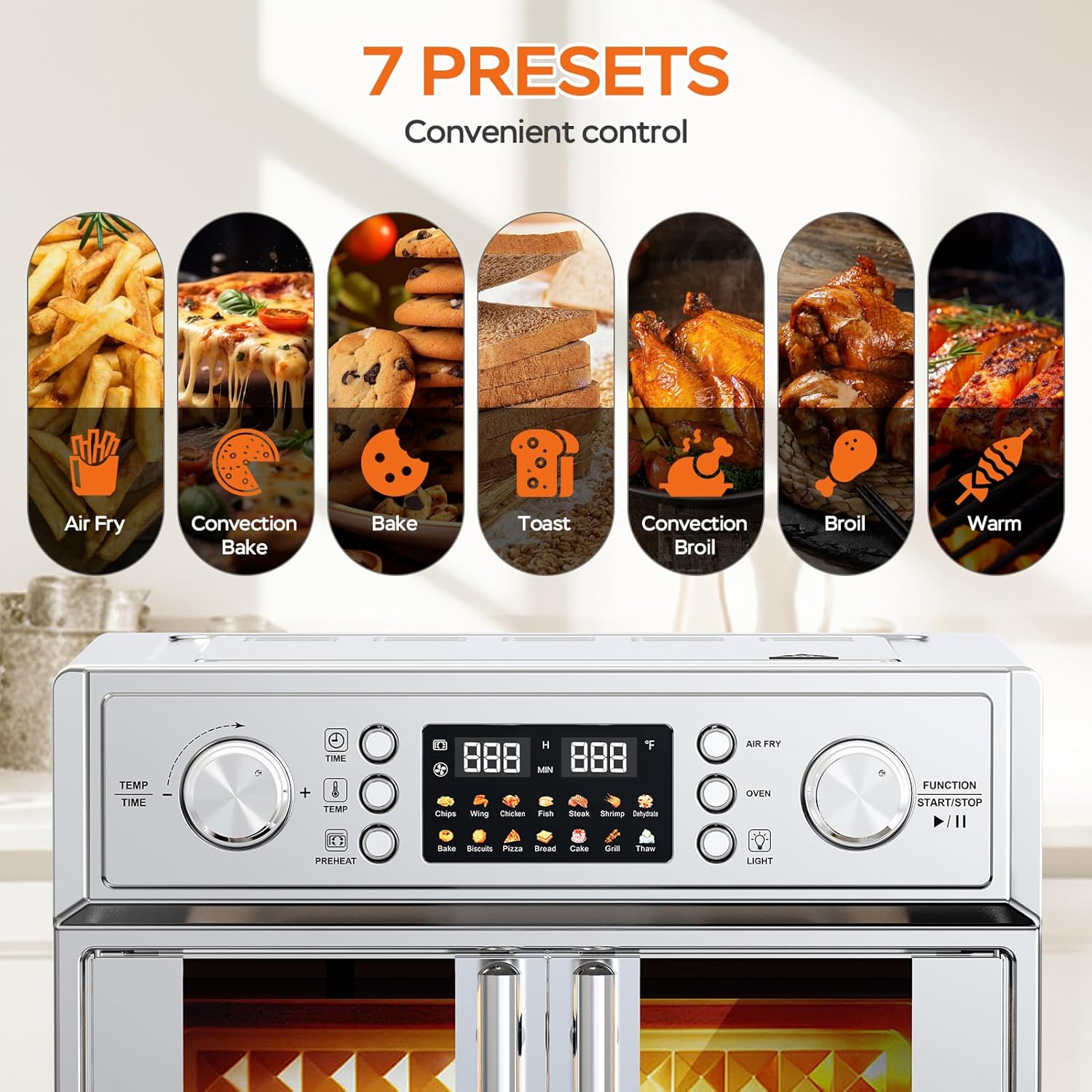 26QT Air Fryer Convection Oven Toaster Oven Combo, 7-in-1 French Door Countertop Oven with 14 Presets, Large Capacity Smart Oven for Baking Roasting Dehydrating and Air Frying Stainless Steel