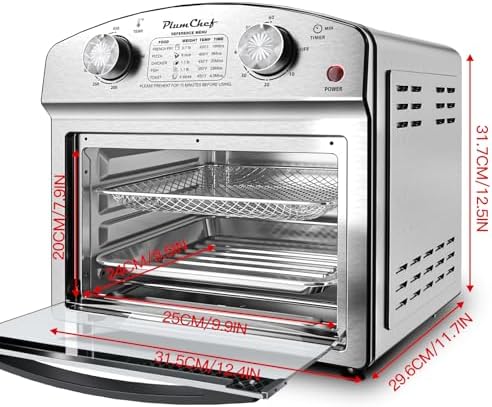 PlumChef 13 Quart 4 Slices Air Fryer Convection Toaster Oven, 1500W, Multifunction Oven with Reference Menus on Panel, Time and Temperature Controls,Stainless Steel