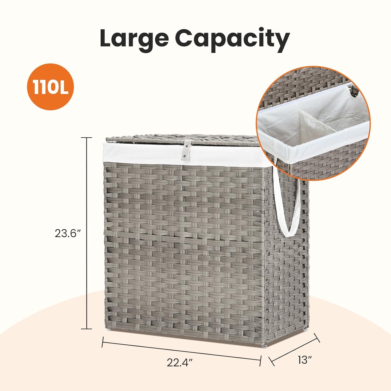 DUMOS Woven Laundry Basket with Lid, 110L Large Capacity Hamper, Removable & Machine-Washable Liner, Foldable Rattan Clothes Hamper, Sturdy Steel Frame, Odor Control, Dove Gray