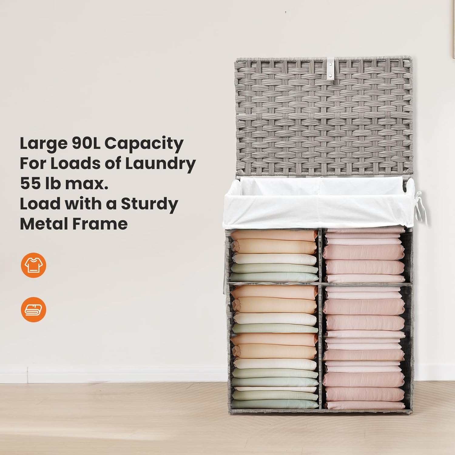 DUMOS Woven Laundry Basket with Lid, 90L Large Capacity Hamper, Removable & Machine-Washable Liner, Foldable Rattan Clothes Hamper, Sturdy Steel Frame, Odor Control, Dove Gray