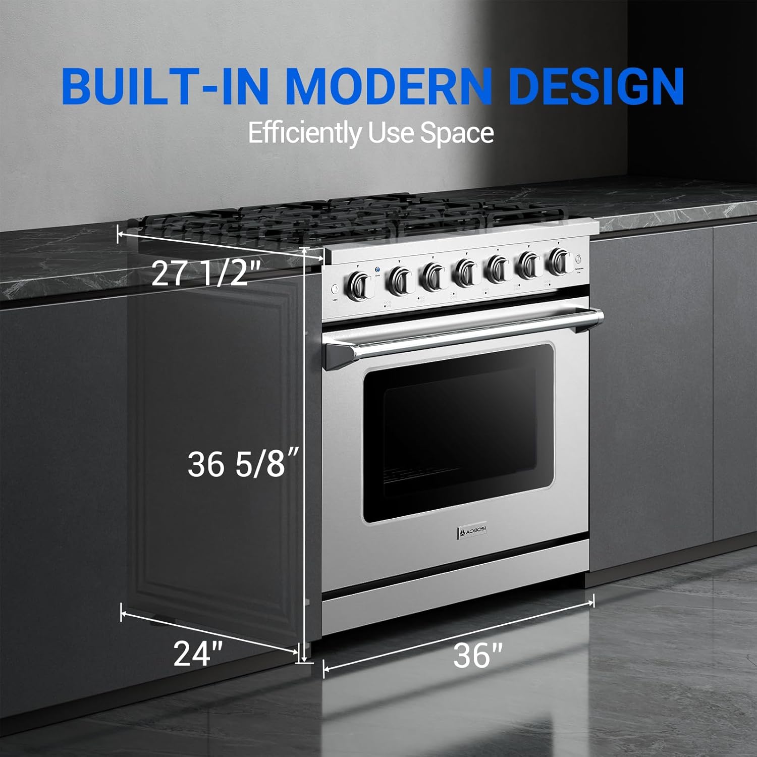 AAOBOSI 36 Inch Front Control Gas Range Oven with 6 Cooktop Burners, 6 Cu. Ft True Convection and Self Clean, Freestanding Stainless Steel Heavy Duty Gas Range Stove with Halogen Light,Large Capacity