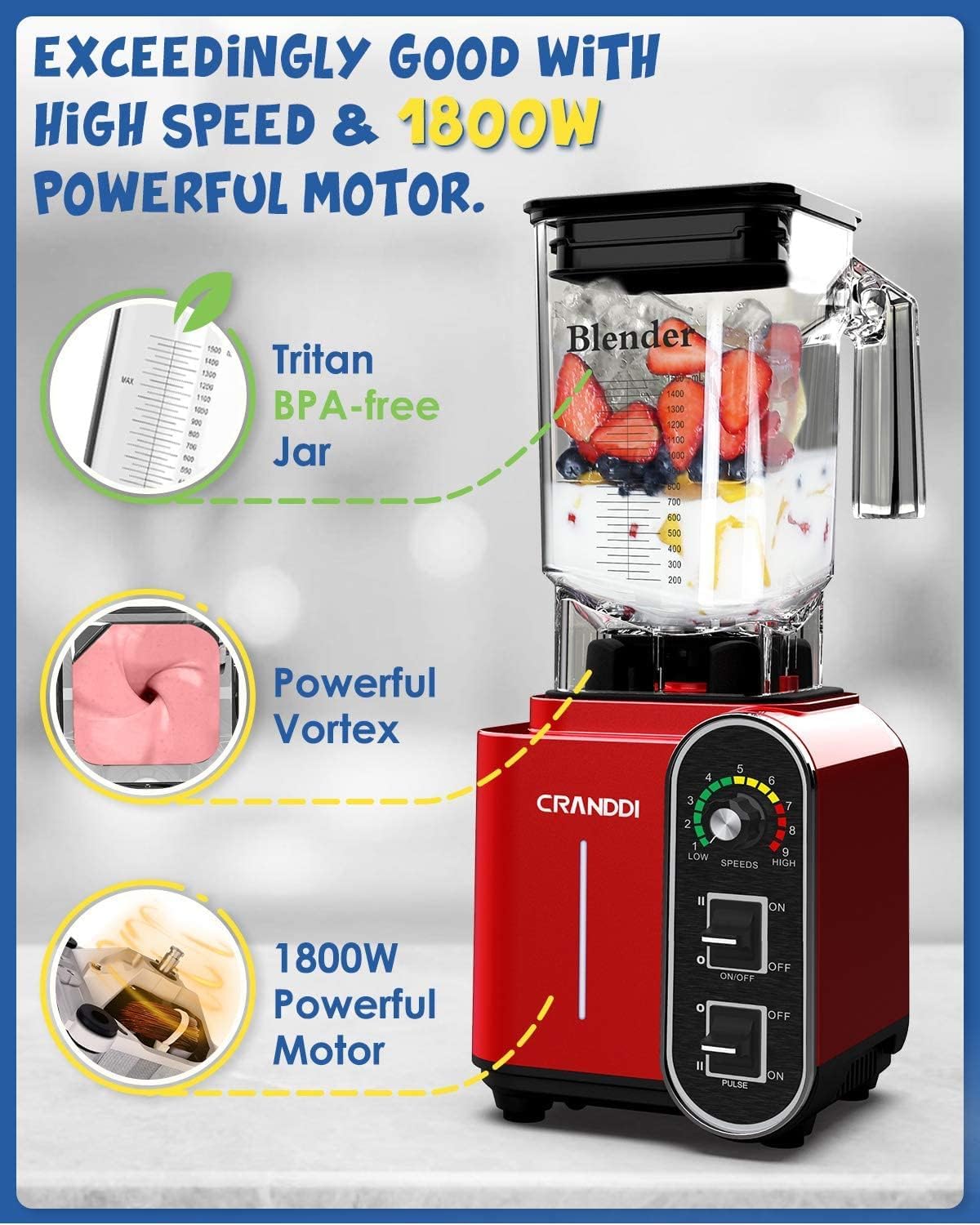 CRANDDI Smoothie Blender 52oz, 1800 Watt Commercial Blenders for Kitchen, Stainless Steel Blade 9 Speed & Self-Cleaning, Build-in Pulse, K98C Red