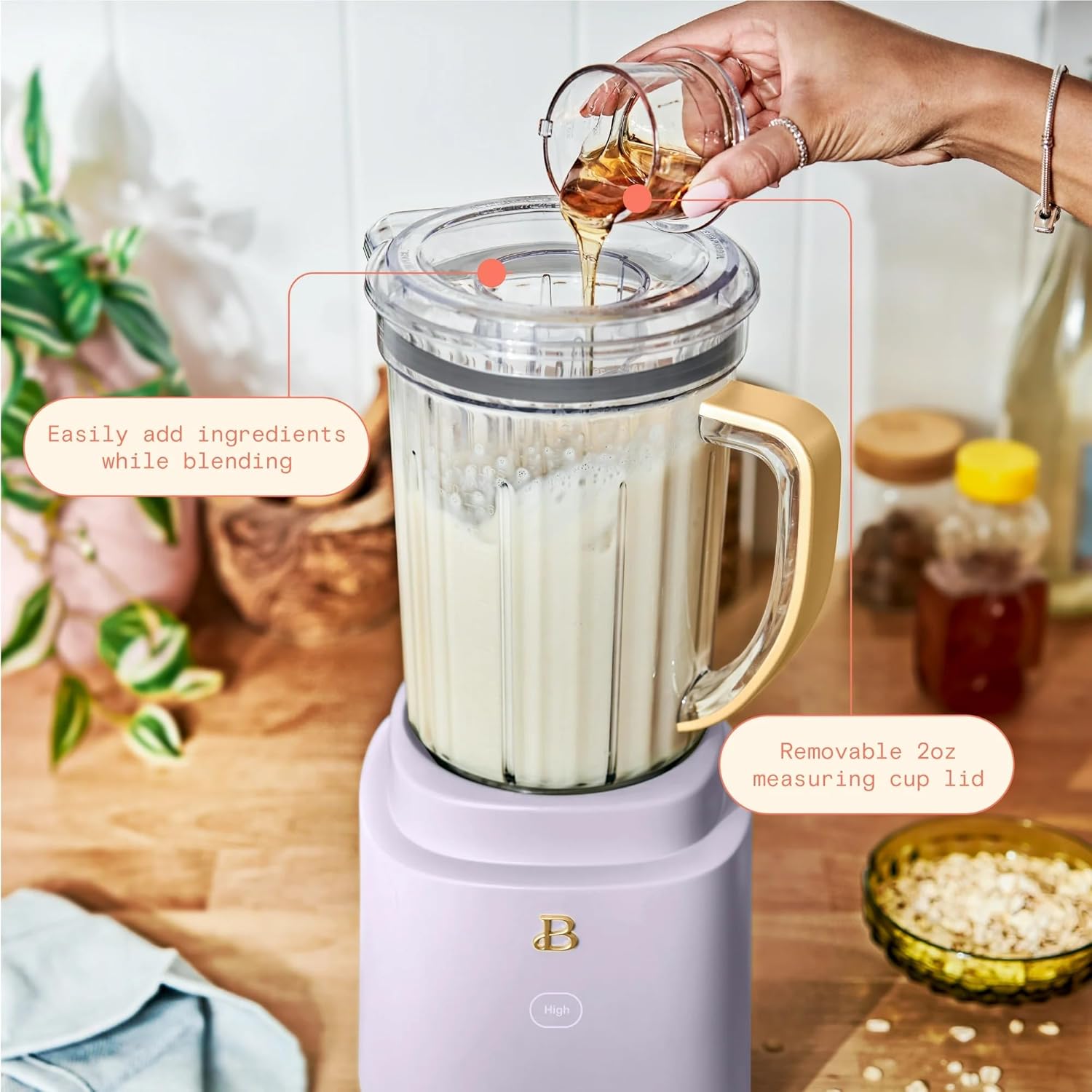 Beautiful PowerExact Blender System with 700W Motor, 50oz Tritan Jar, 20oz Single-Serve Cup, No Drippy Sippy™ Lid, 3 Speeds & 4 Pre-sets by Drew Barrymore (Lavender)