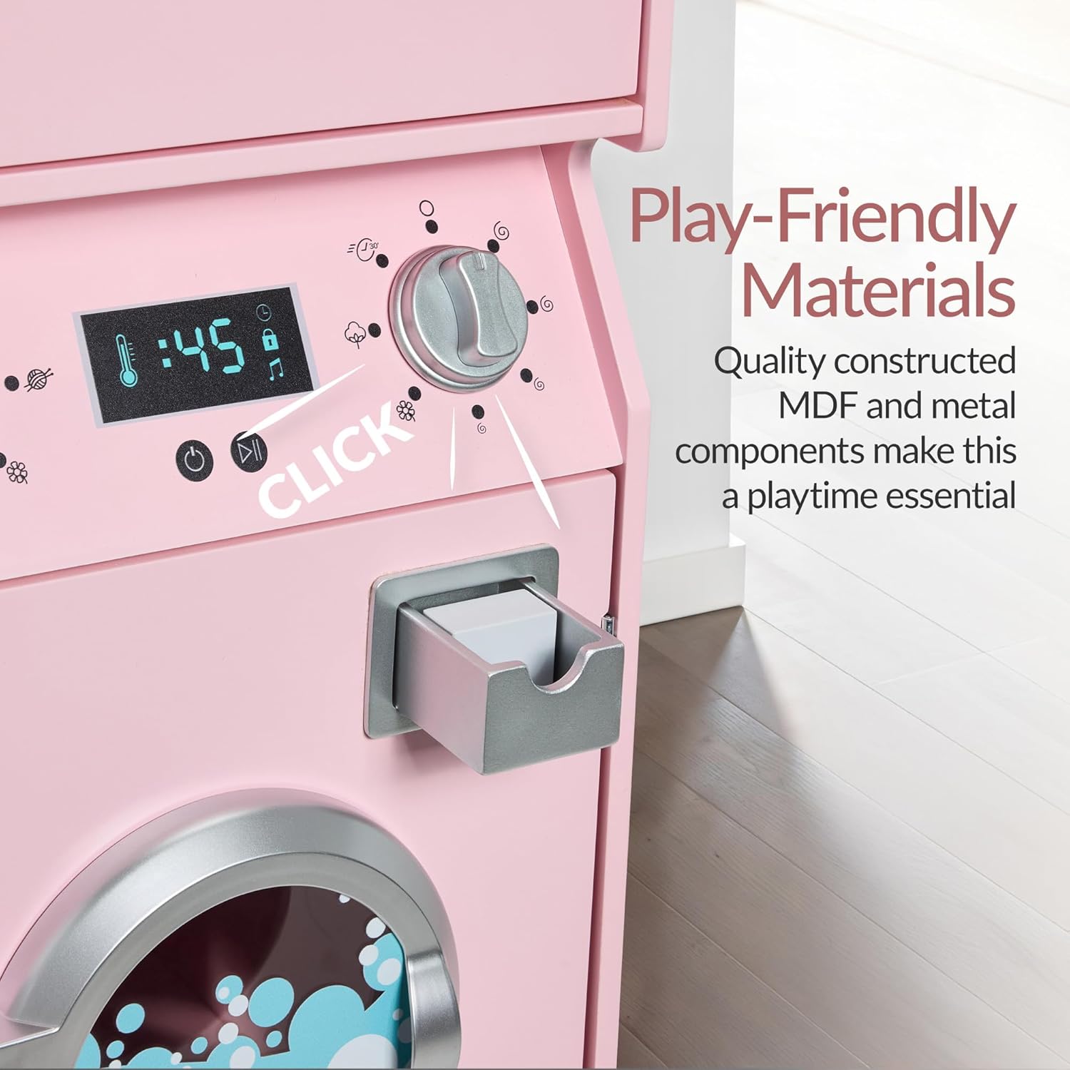Best Choice Products Pretend Play Kids Wooden Stacked Washer & Dryer Set with Toy Laundry Storage, Space-Saving Design, with Accessories - Pink