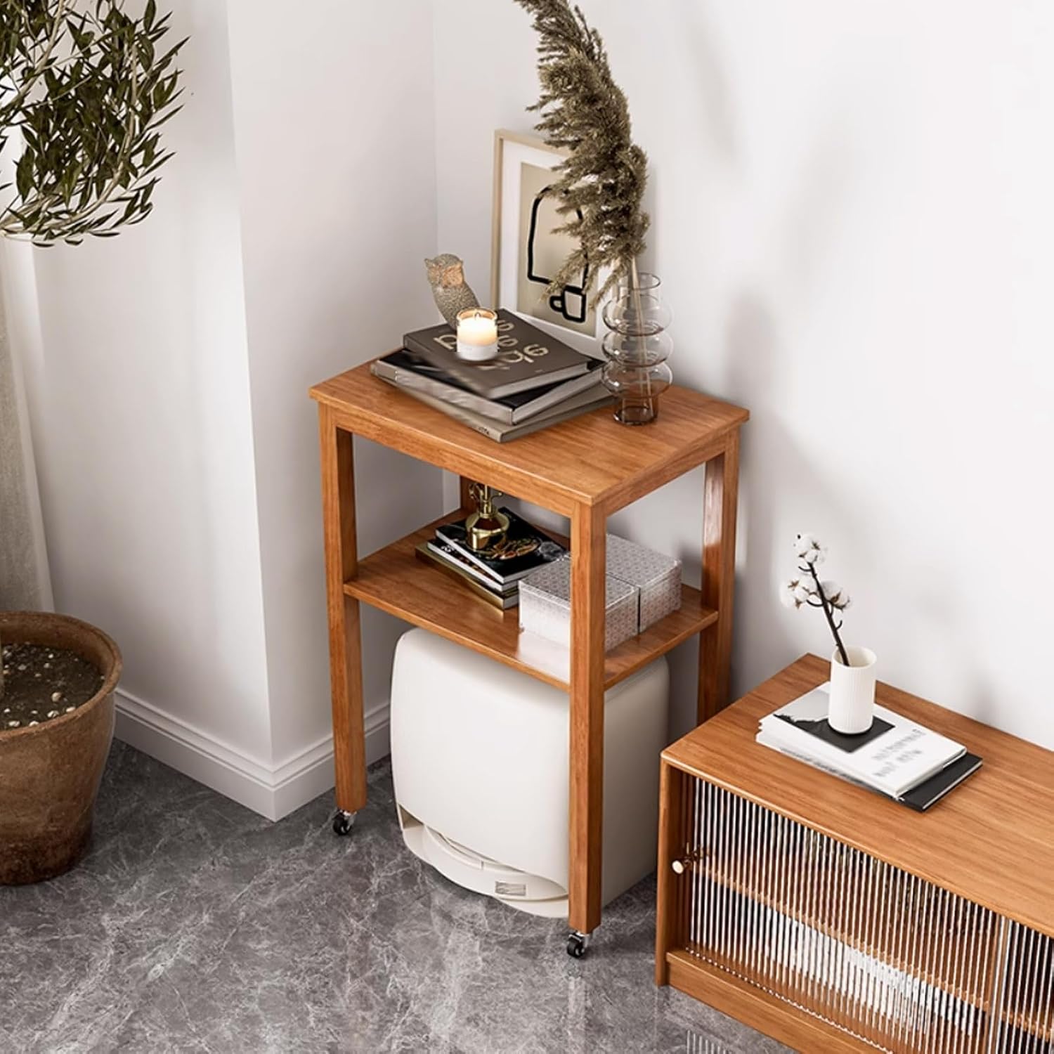 Sweeping Robot Storage Rack, Entryway Hallway Double-Tier Robot Vacuum Cleaner Shelf with Adjustable Shelves, Wood Freestanding Rack, for Living Room Kitchen