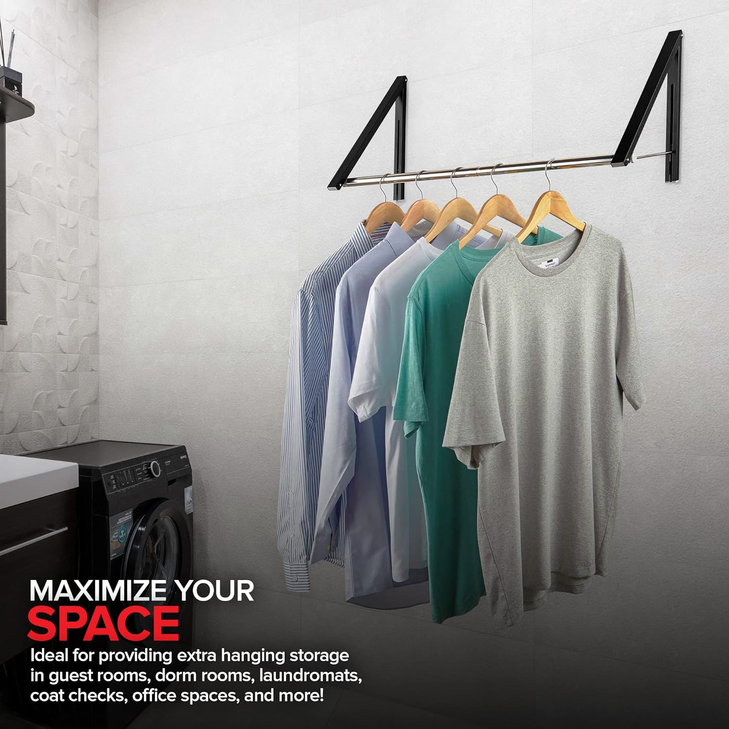 Double Foldable Clothing Rack w/ Extension Rod, Wall-Mounted Retractable Clothes Hanger for Laundry Dryer Room, Hanging Drying Rod, Small Collapsible Folding Garment Racks, Dorm Accessories (Black)